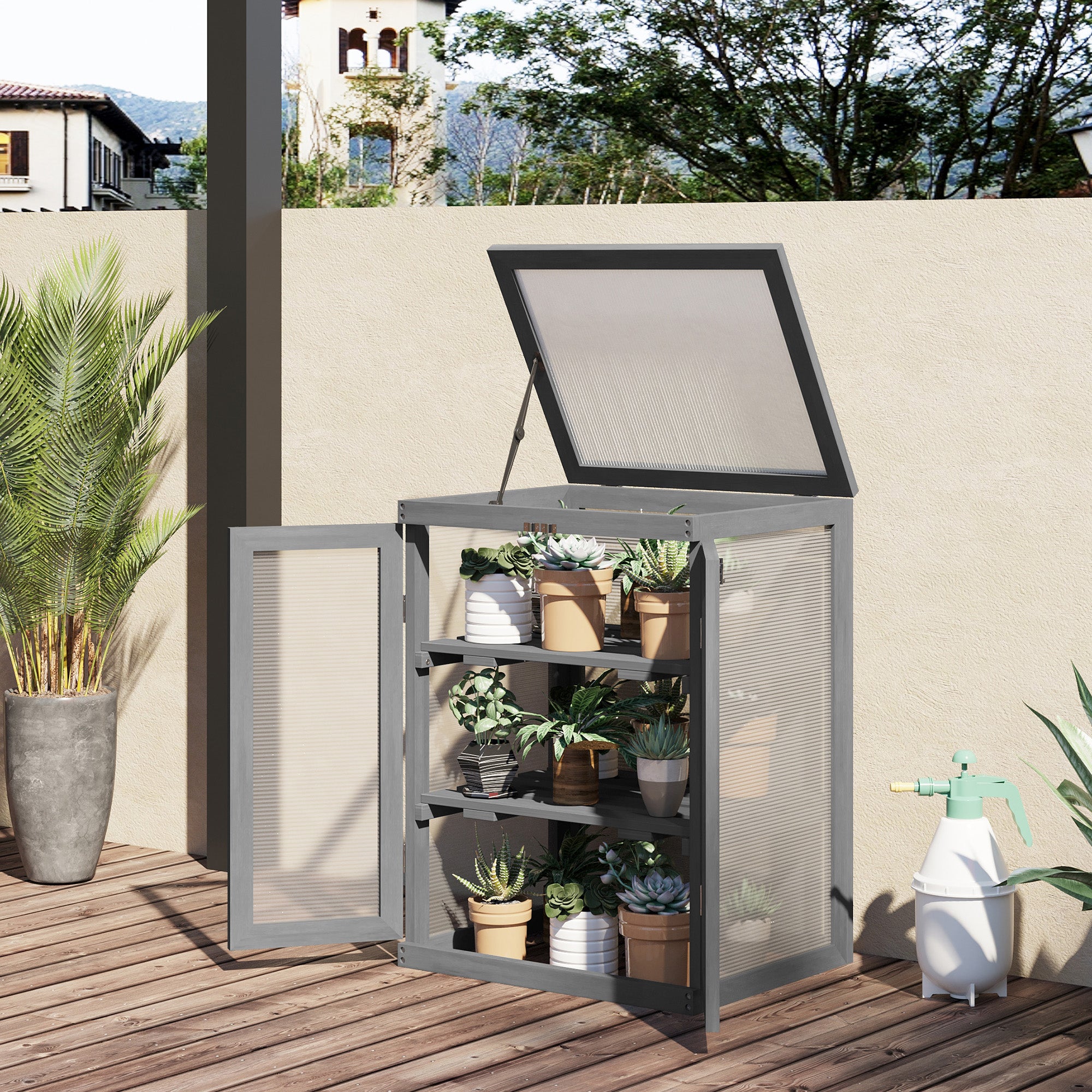 Outsunny 3-tier Wood Greenhouse Garden Polycarbonate Cold Frame Balcony Grow House w/ Storage Shelf for Plants, Flowers, Dark Grey - anydaydirect
