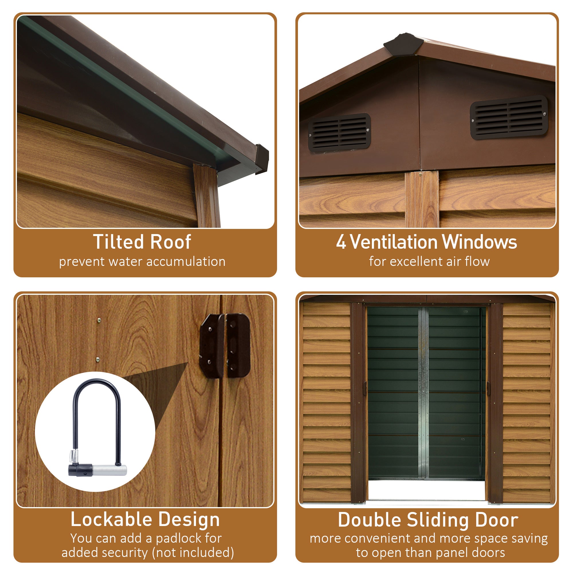 Outsunny 8 x 6.5 ft Metal Garden Storage Shed Apex Store for Gardening Tool with Foundation Ventilation and Lockable Door, Brown - anydaydirect