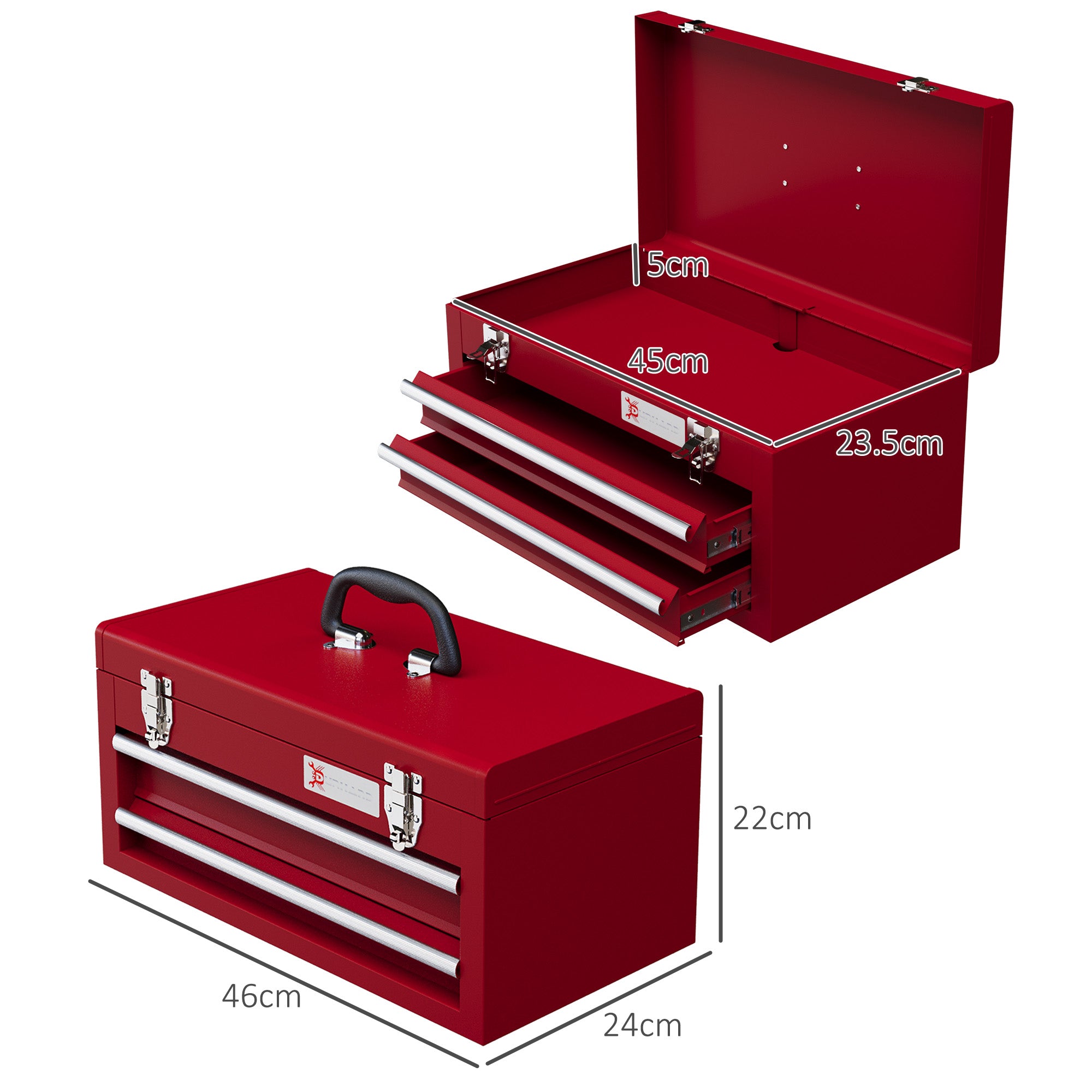 DURHAND Lockable Metal Tool Box, 2 Drawer Tool Chest with Latches, Handle, Ball Bearing Runners, Red - anydaydirect