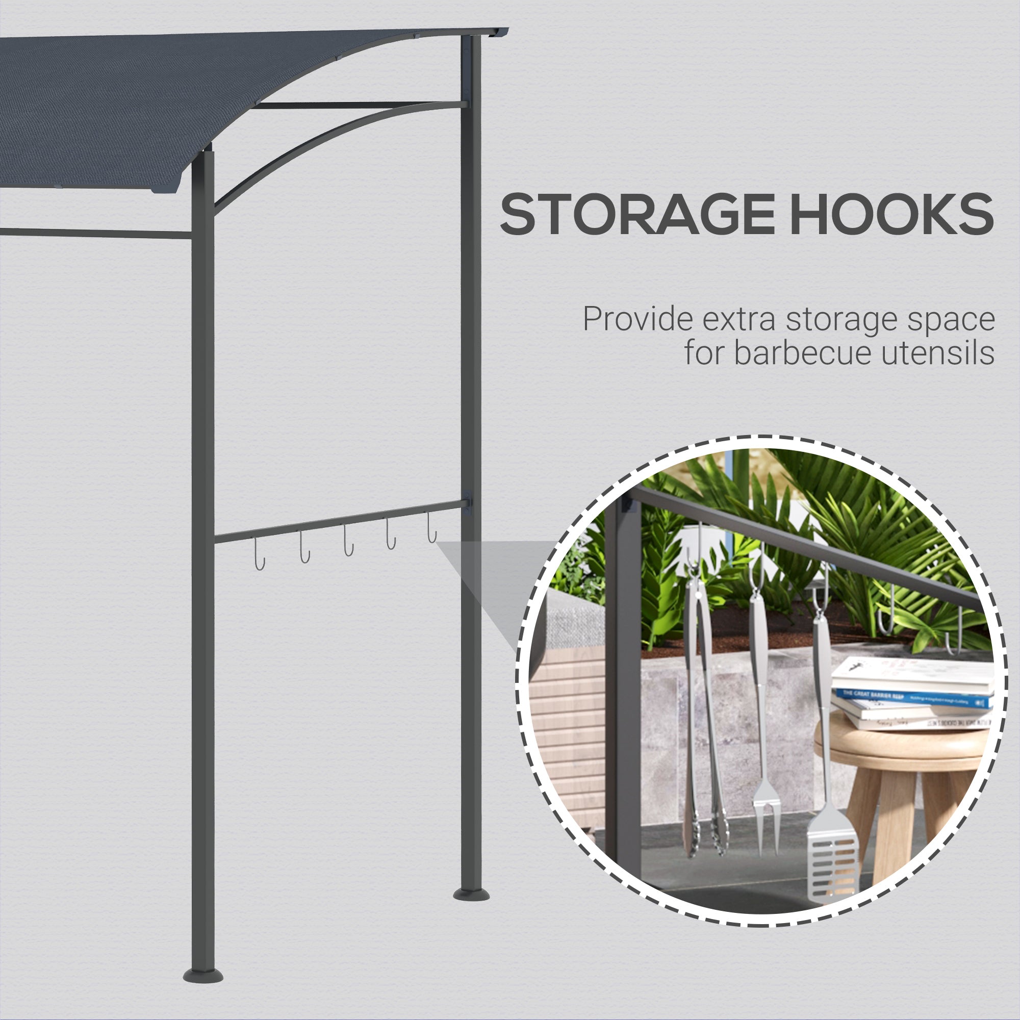 Outsunny 2.2 x 1.5 m BBQ Grill Gazebo Tent, Garden Grill with Metal Frame, Curved Canopy and 10 Hooks, Outdoor Sun Shade, Dark Grey - anydaydirect