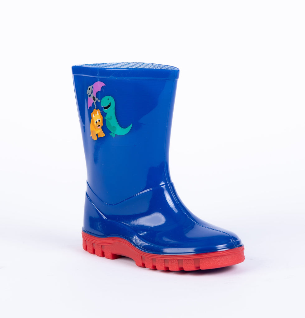 Woodstock Kids Navy Wet Dinosaur Wellington Boots - anydaydirect