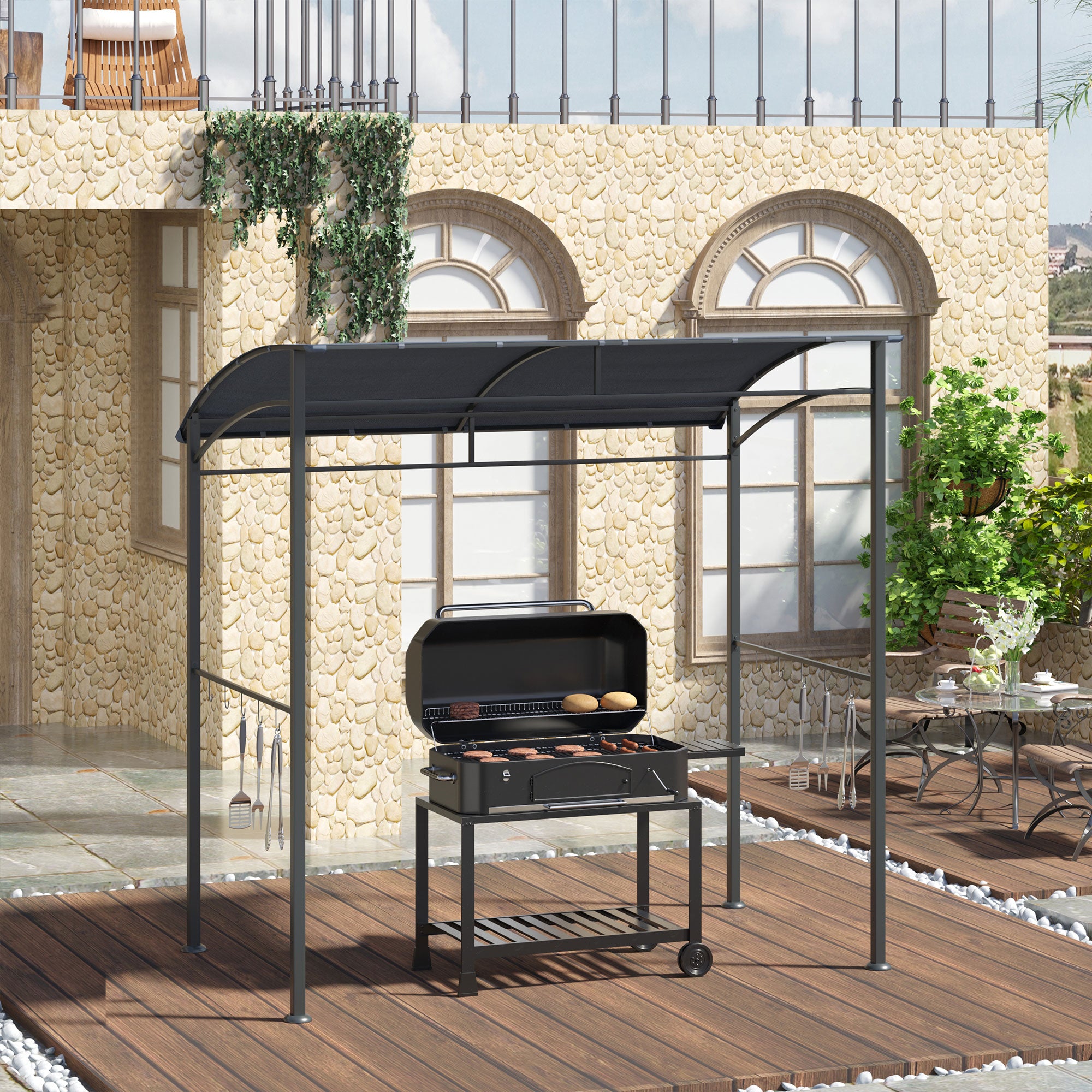 Outsunny 2.2 x 1.5 m BBQ Grill Gazebo Tent, Garden Grill with Metal Frame, Curved Canopy and 10 Hooks, Outdoor Sun Shade, Dark Grey - anydaydirect
