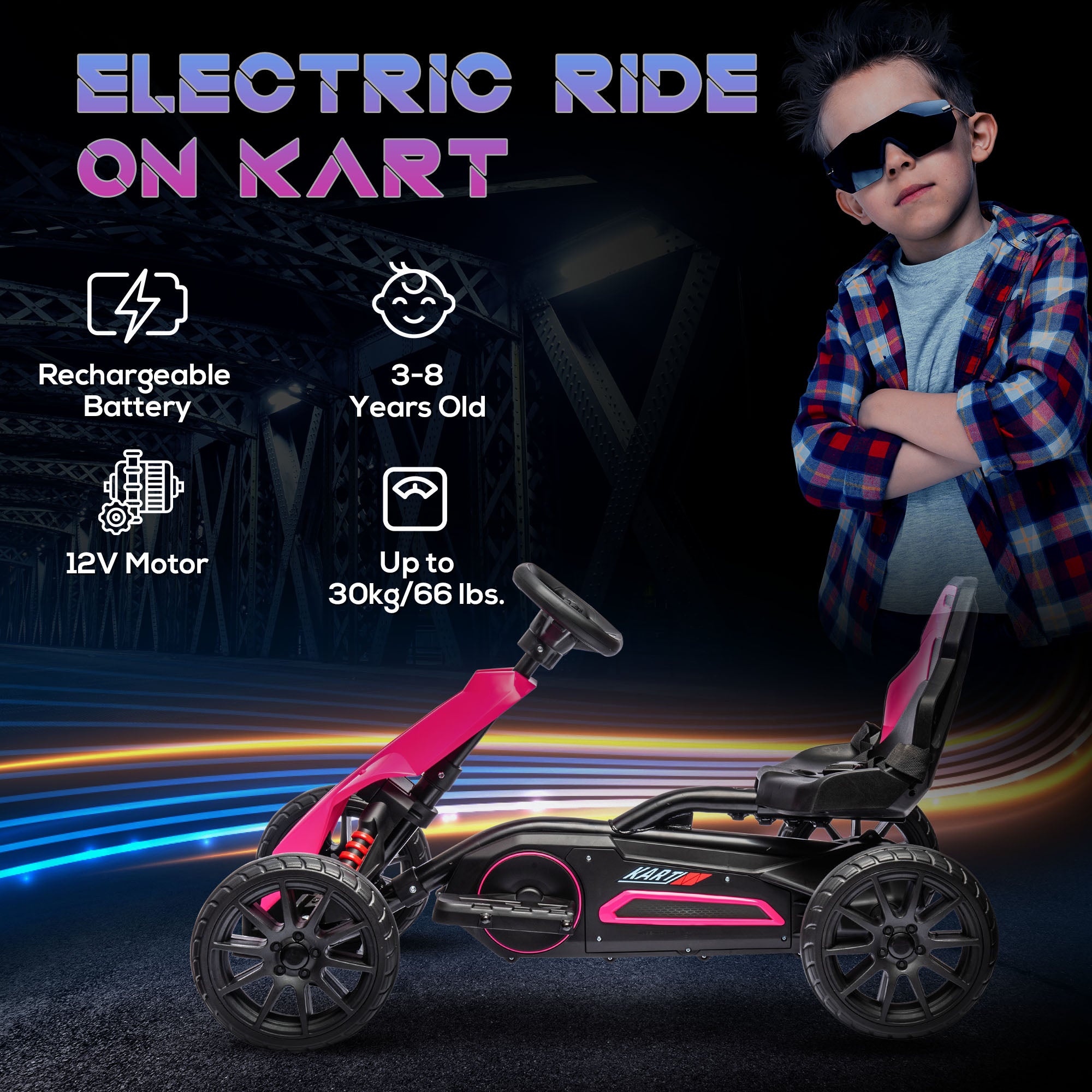HOMCOM 12V Electric Go Kart for Kids, Ride-On Racing Go Kart w/ Forward Reversing, Rechargeable Battery, 2 Speeds, for Kids Aged 3-8, Pink - anydaydirect