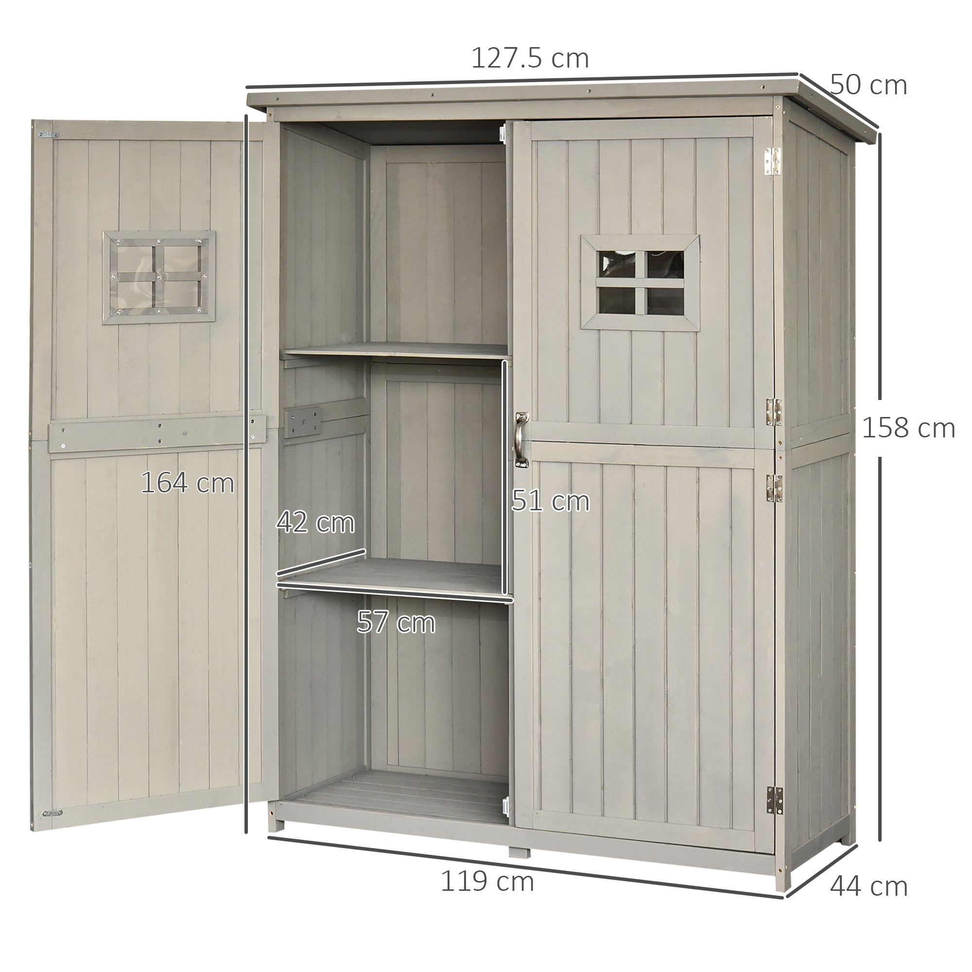 Outsunny Wooden Garden Shed Tool Storage Outsunny Wooden Garden Shed w/ Two Windows, Tool Storage Cabinet, 127.5L x 50W x 164H cm, Grey - anydaydirect