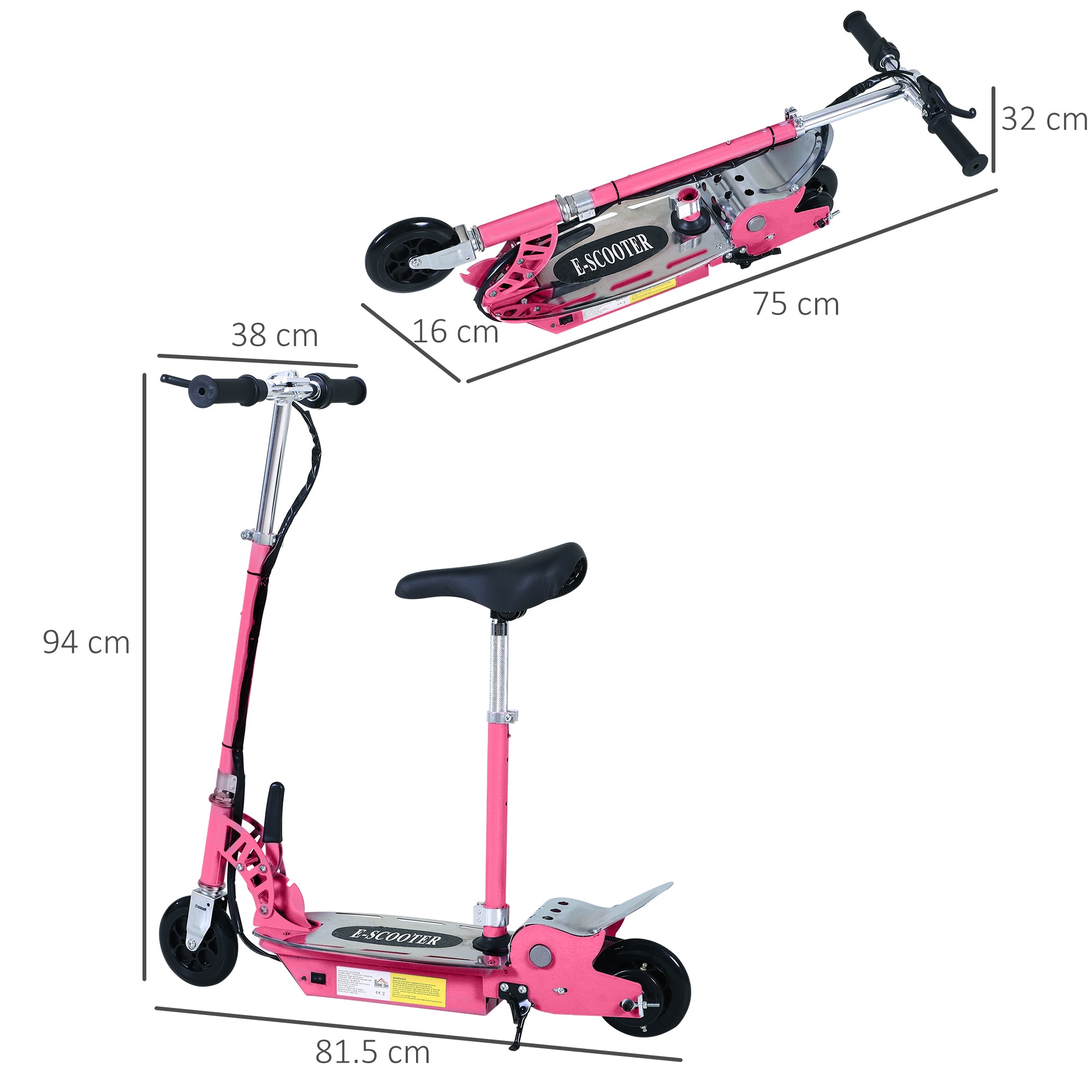 HOMCOM 120W Teens Foldable Kids Powered Scooters 24V Rechargeable Battery Adjustable Ride on Outdoor Toy (Pink) - anydaydirect