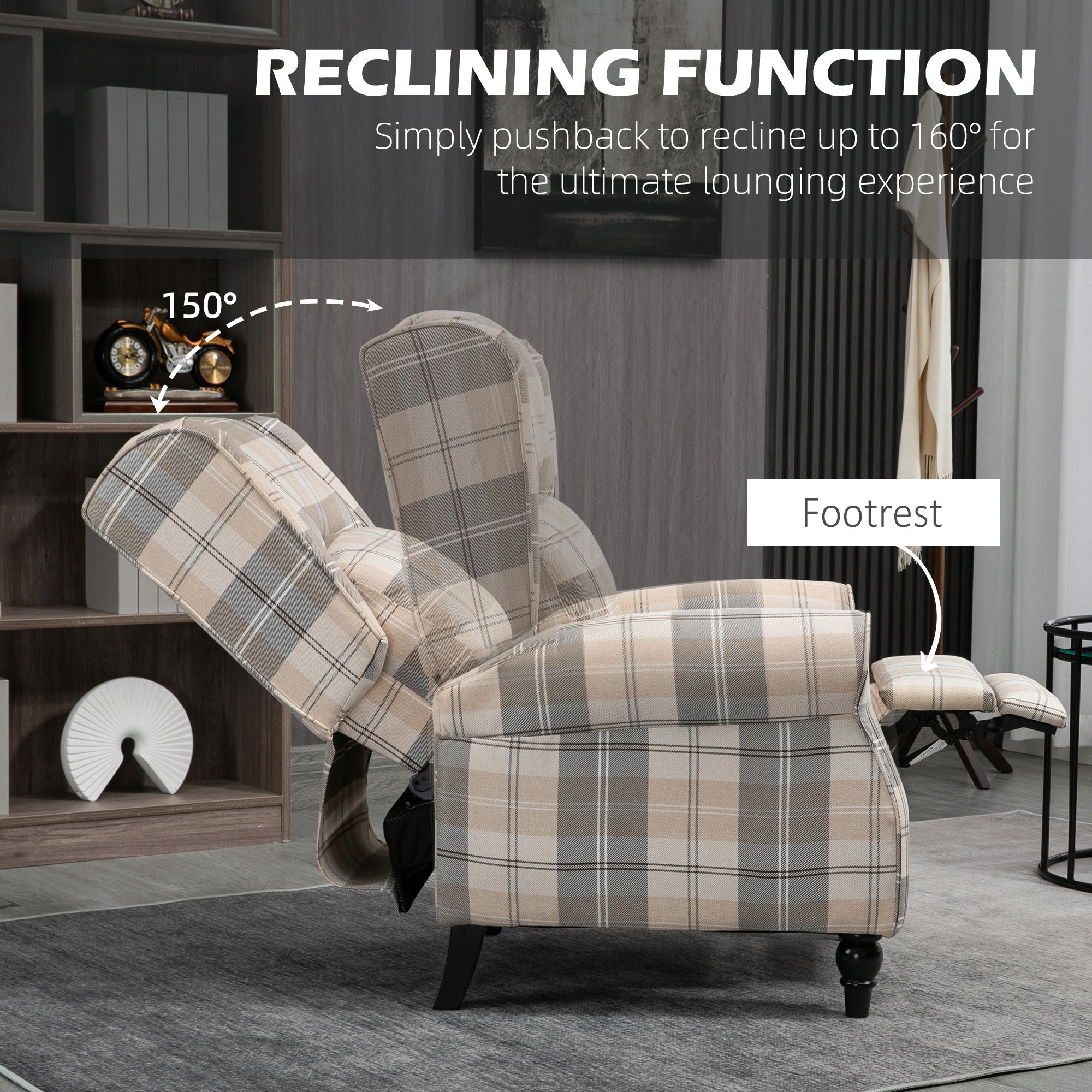 HOMCOM Wingback Recliner Armchair for Living Room, Pushback Reclining Chair with Round Armrests, Footrest and Rubber Wood Legs, Khaki - anydaydirect