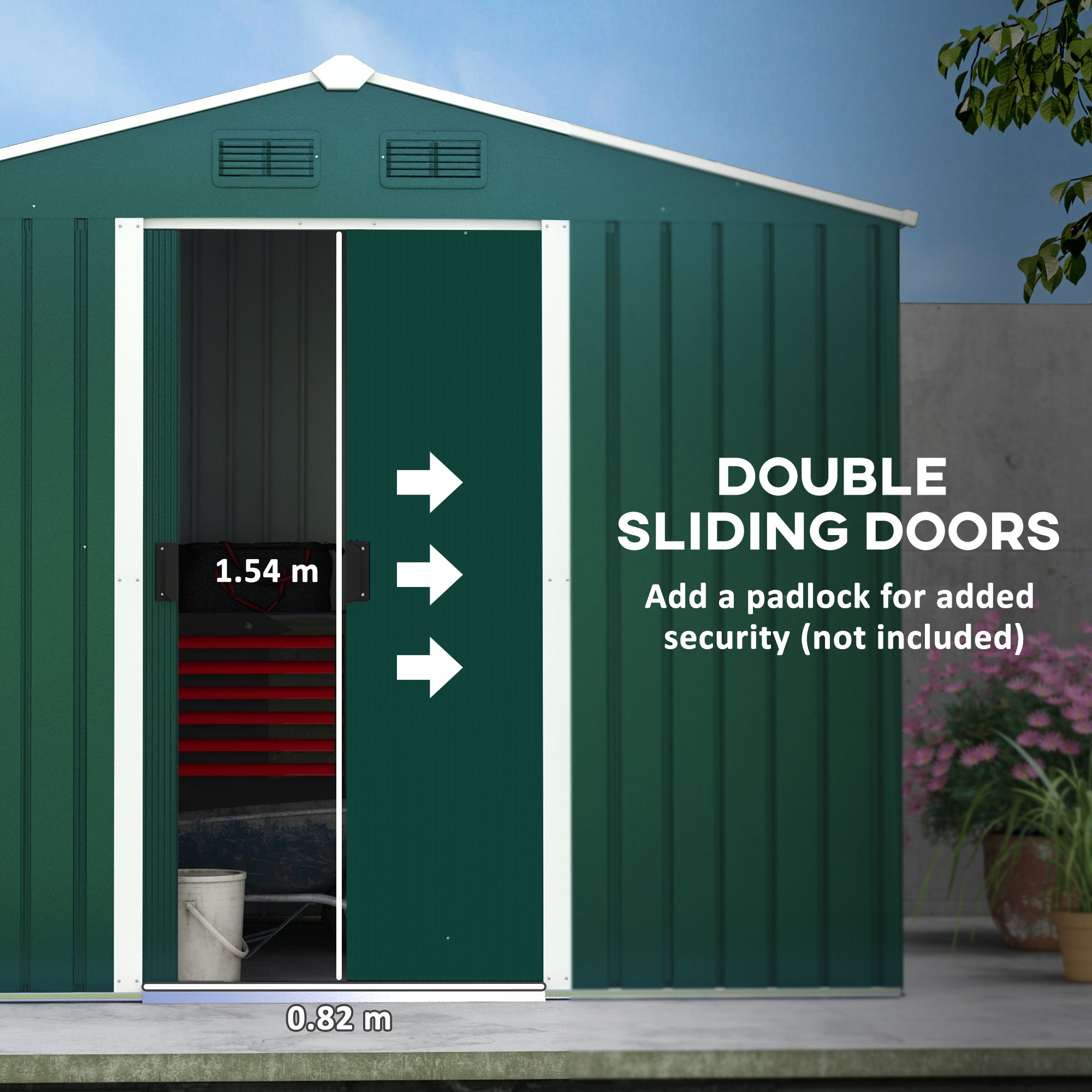Outsunny 8 x 6 ft Metal Garden Storage Shed Corrugated Steel Roofed Tool Box with Ventilation and Sliding Doors, Green - anydaydirect