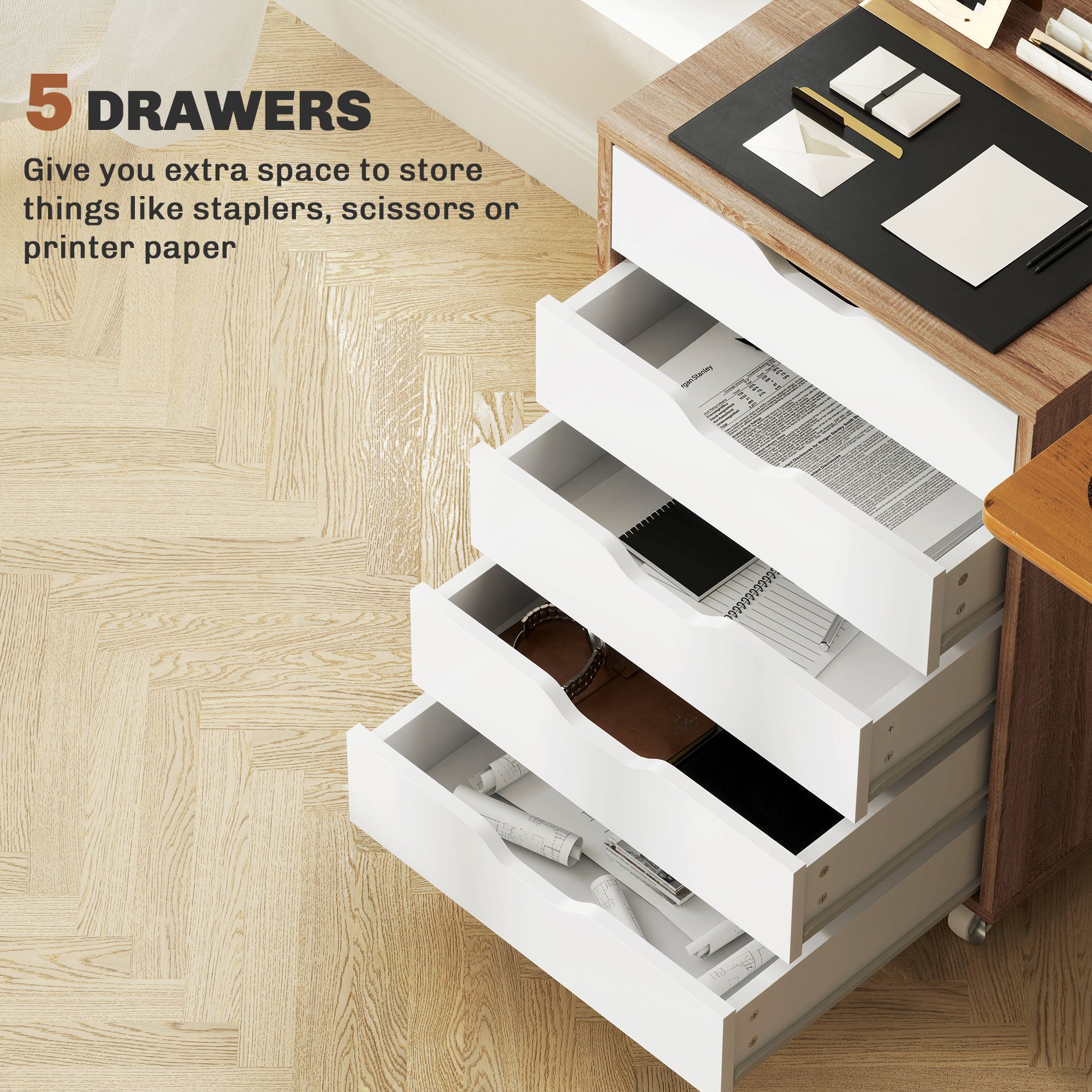 Vinsetto Five-Drawer Filing Cabinet, with Wheels - Oak Brown - anydaydirect