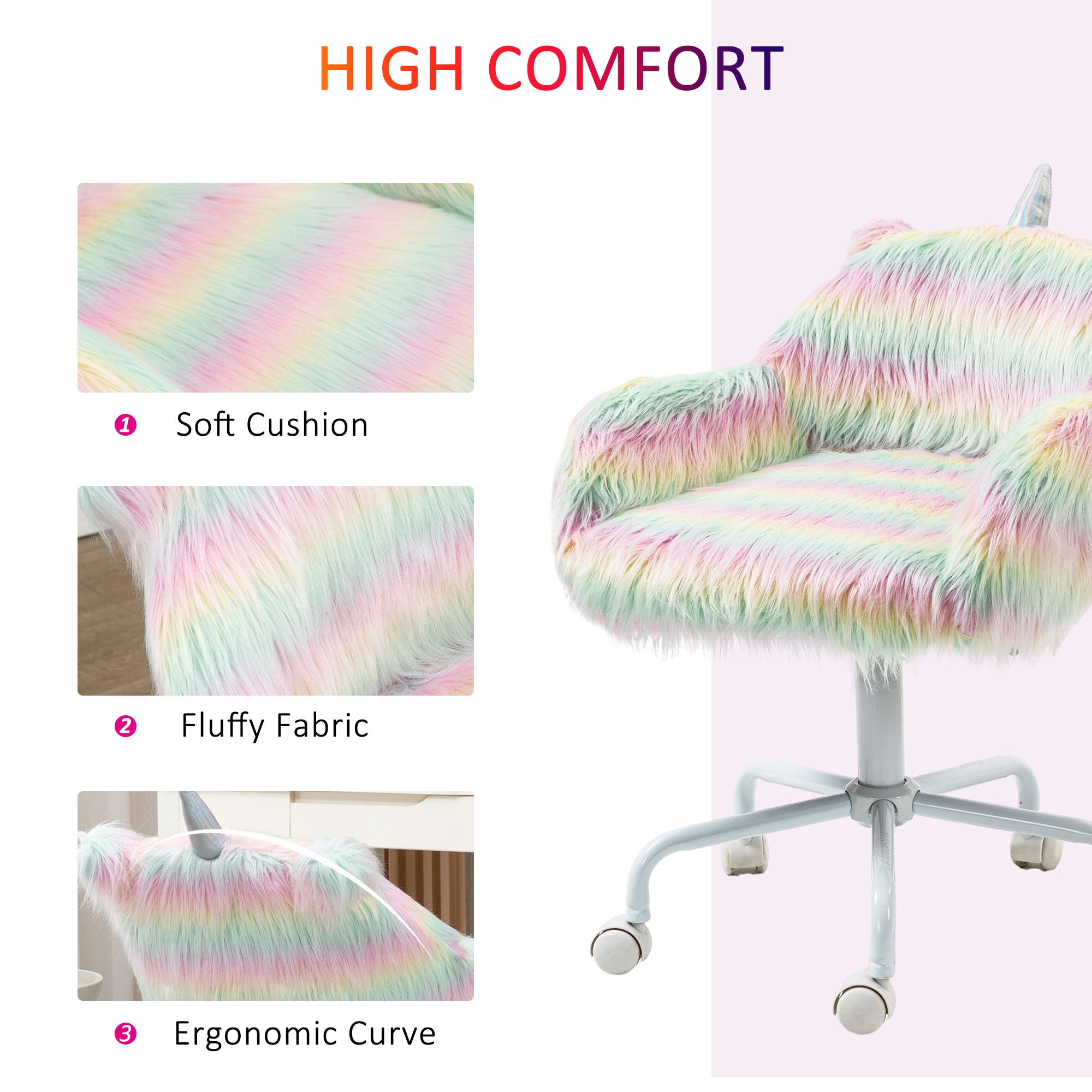 Vinsetto Unicorn Home Office Chair, Height Adjustable Fluffy Desk Chair with Armrests and Swivel Wheels, Colourful - anydaydirect