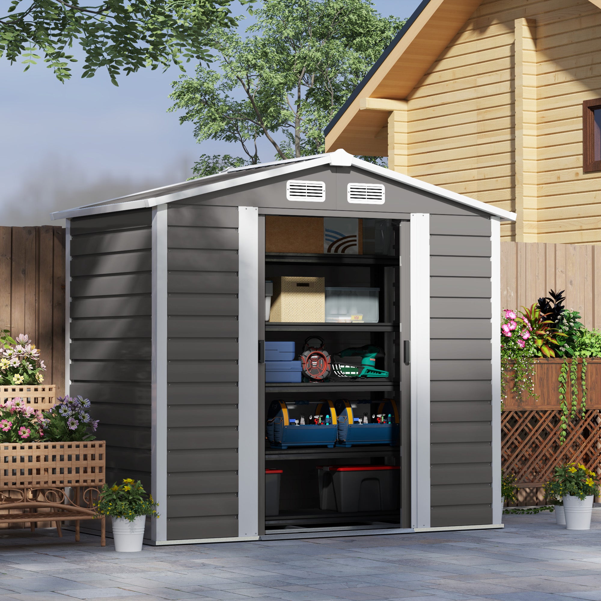 Outsunny 7 x 4ft Garden Shed, Easy to Assemble, Upgraded Galvanised Steel Frame with Foundation Kit, Double Doors with Lock, Outdoor Metal Shed with Vents and Gloves, Garden Storage Shed, Light Grey - anydaydirect