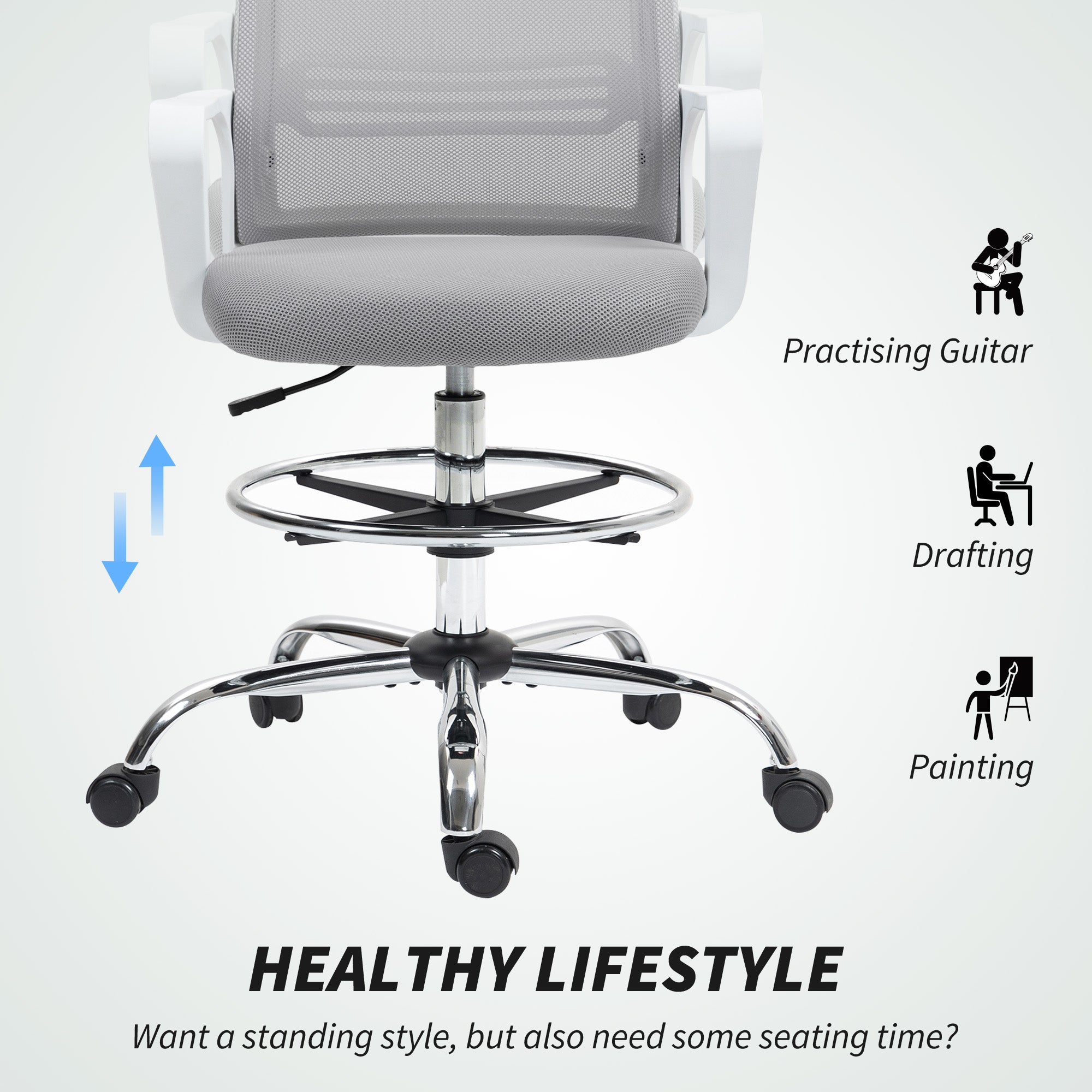 HOMCOM Draughtsman Chair, Mesh Drafting Chair, Ergonomic Office Chair with Lumbar Support, Adjustable Foot Ring, Grey - anydaydirect