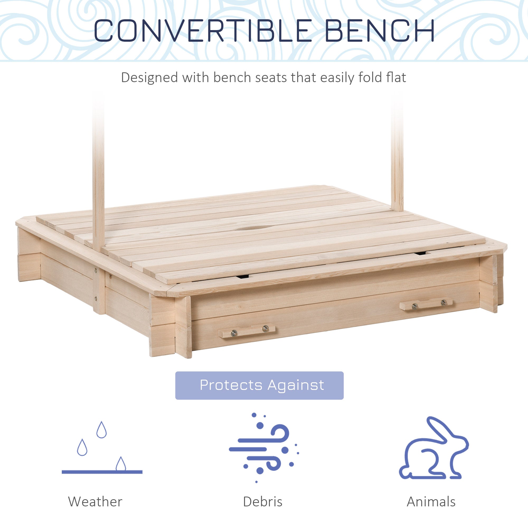 Outsunny Kids Wooden Sand Pit with Lids Children Sandbox Height Adjustable Canopy for Garden, Convertible Bench Seat Outdoor Backyard Playset, Blue and White Canopy - anydaydirect