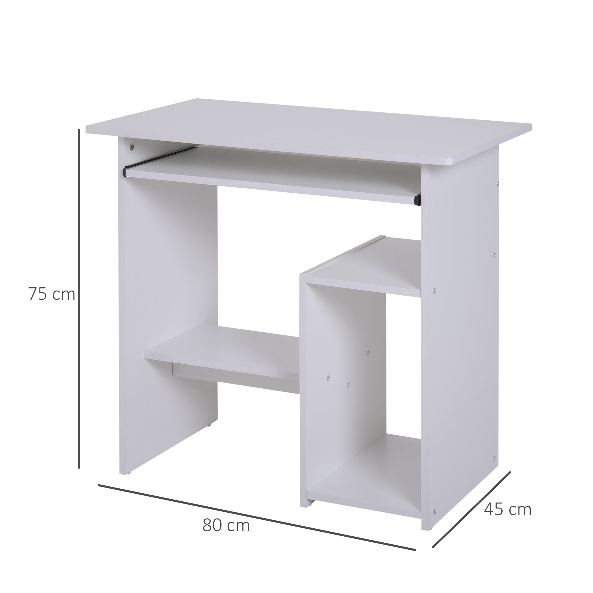 HOMCOM Compact Small Computer Table Wooden Desk Keyboard Tray Storage Shelf Modern Corner Table Home Office White - anydaydirect
