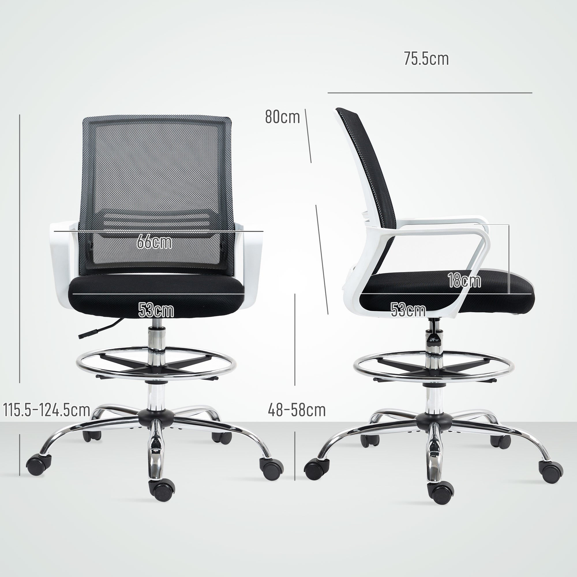 HOMCOM Draughtsman Chair, Mesh Drafting Chair, Ergonomic Office Chair with Lumbar Support, Adjustable Foot Ring, Black - anydaydirect