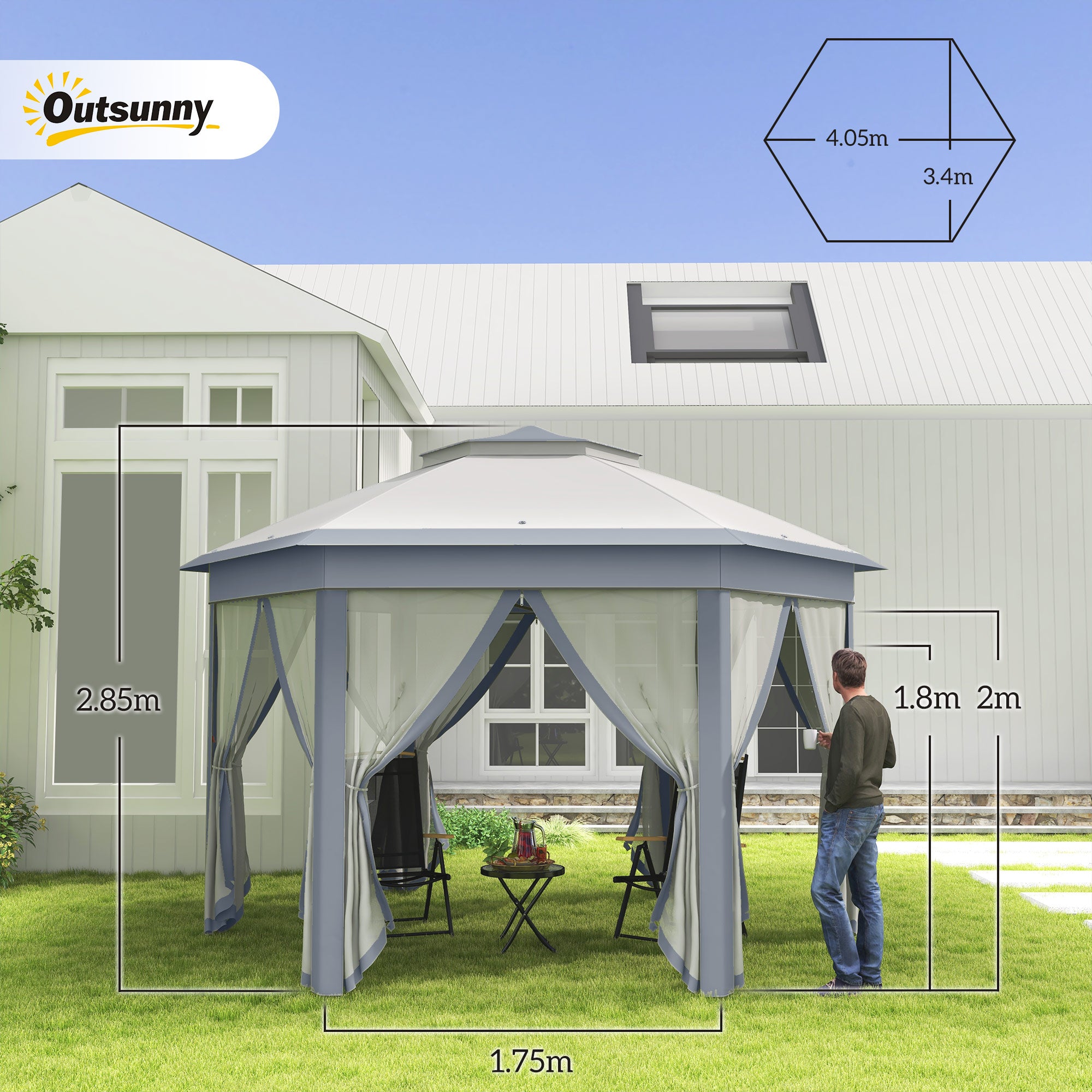 Outsunny 3 x 4m Metal Frame Hexagon Gazebo, with Curtains - Grey - anydaydirect
