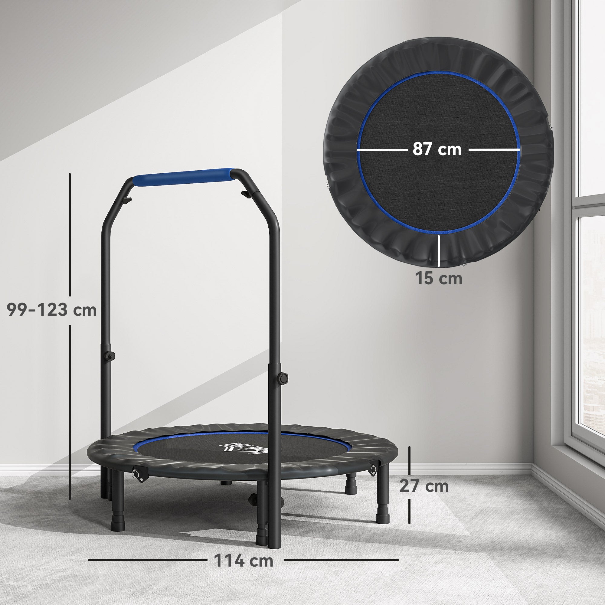 HOMCOM 45" Foldable Mini Fitness Trampoline, with Adjustable Foam Handle, Blue - anydaydirect