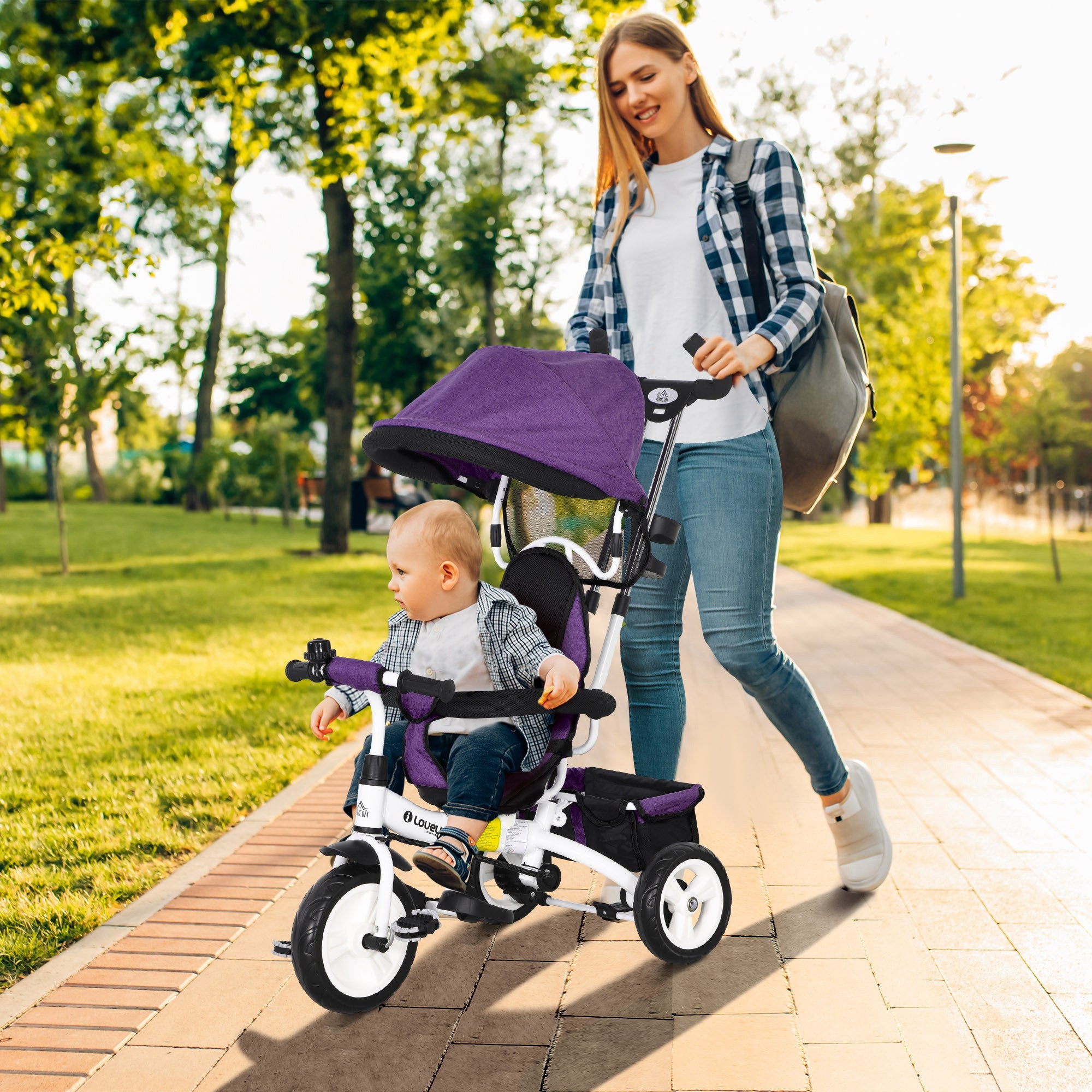 HOMCOM 4 in 1 Kids Trike Push Bike w/ Push Handle, Canopy, 5-point Safety Belt, Storage, Footrest, Brake, for 1-5 Years, Purple - anydaydirect