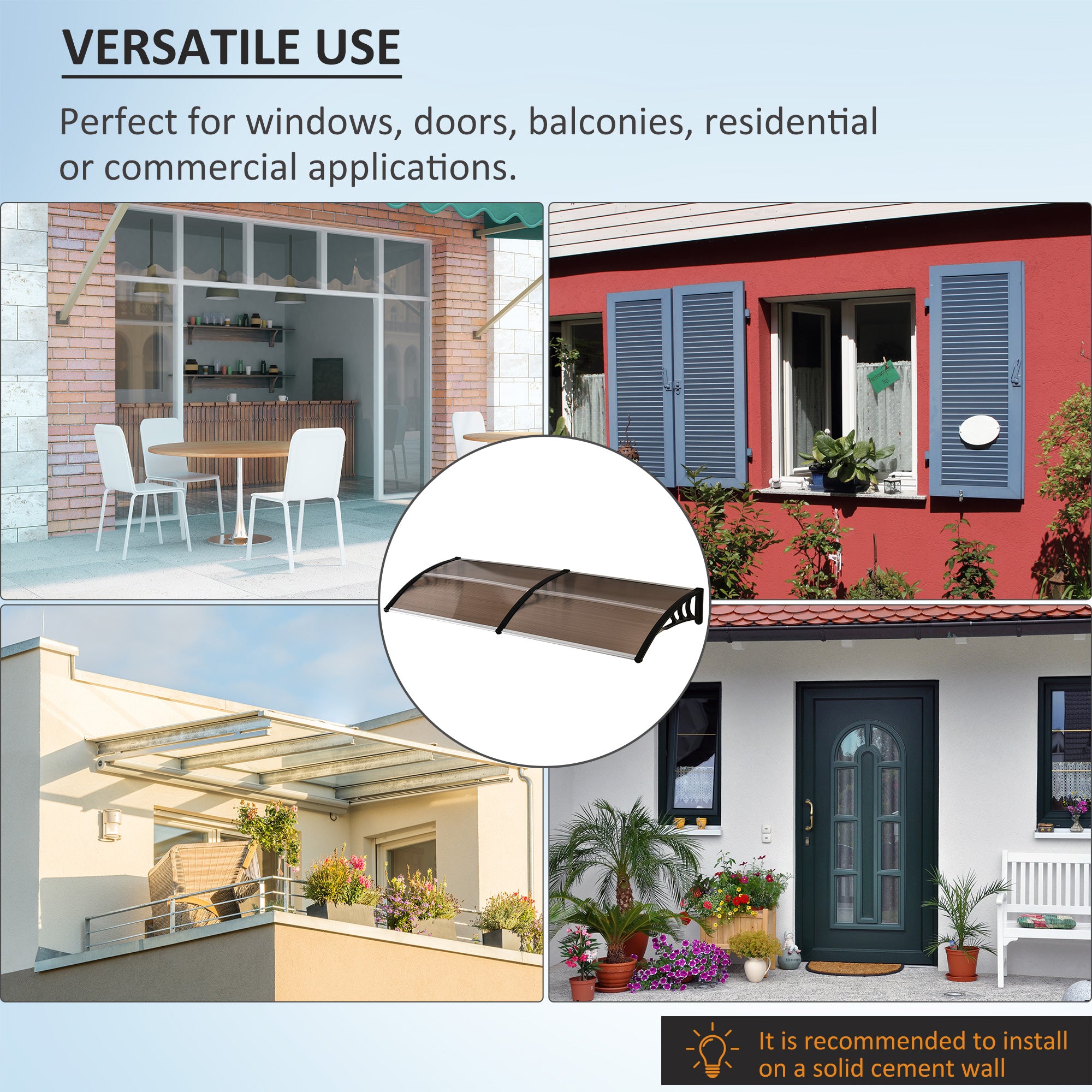Outsunny 75 x 195 cm Curved Door Window Awning Canopy, Polycarbonate Cover Front Door Outdoor Patio, UV Rain Snow Protection Shelter, Brown - anydaydirect