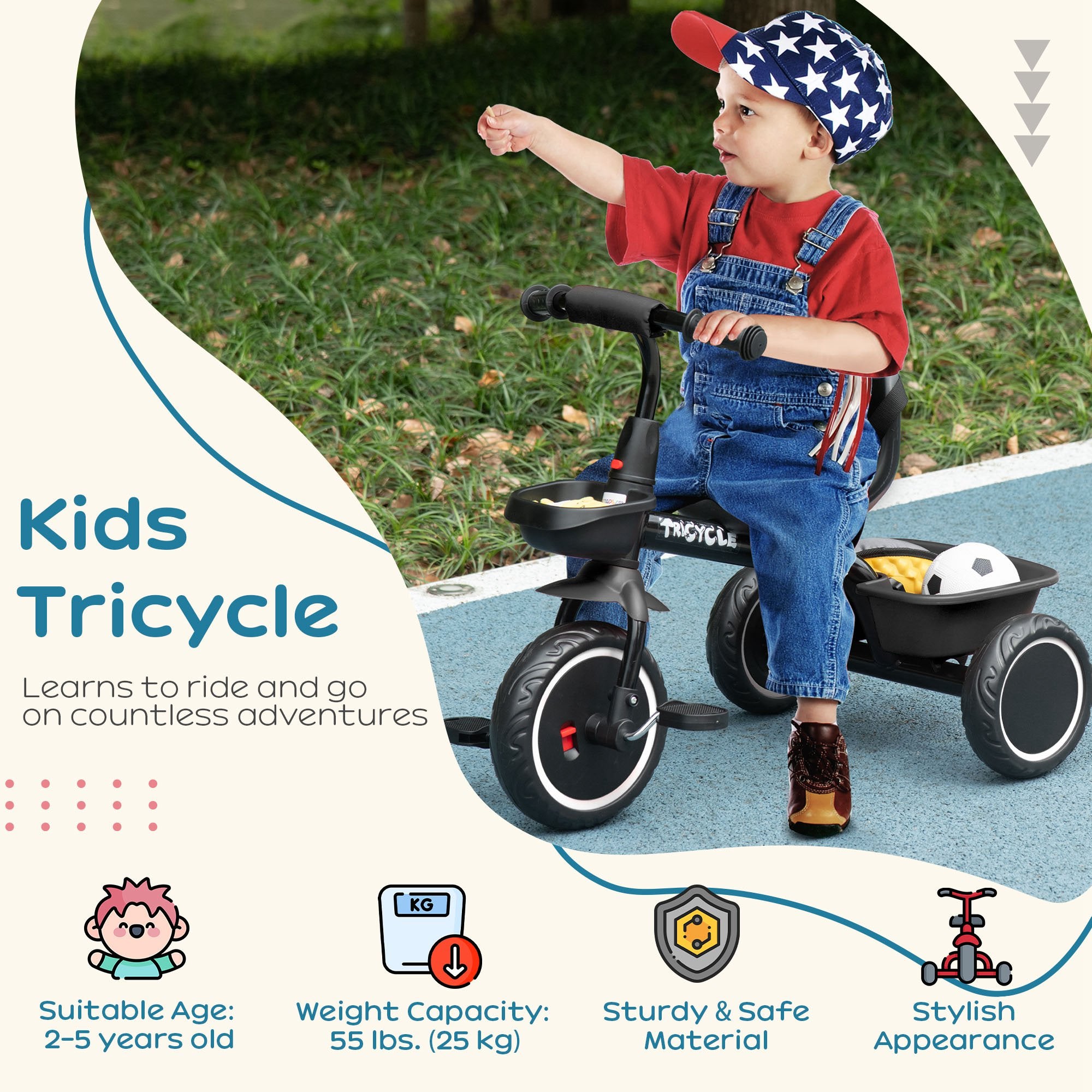 AIYAPLAY Kids Trike for 2-5 Years with Adjustable Seat, Pedal, Baskets, Black - anydaydirect