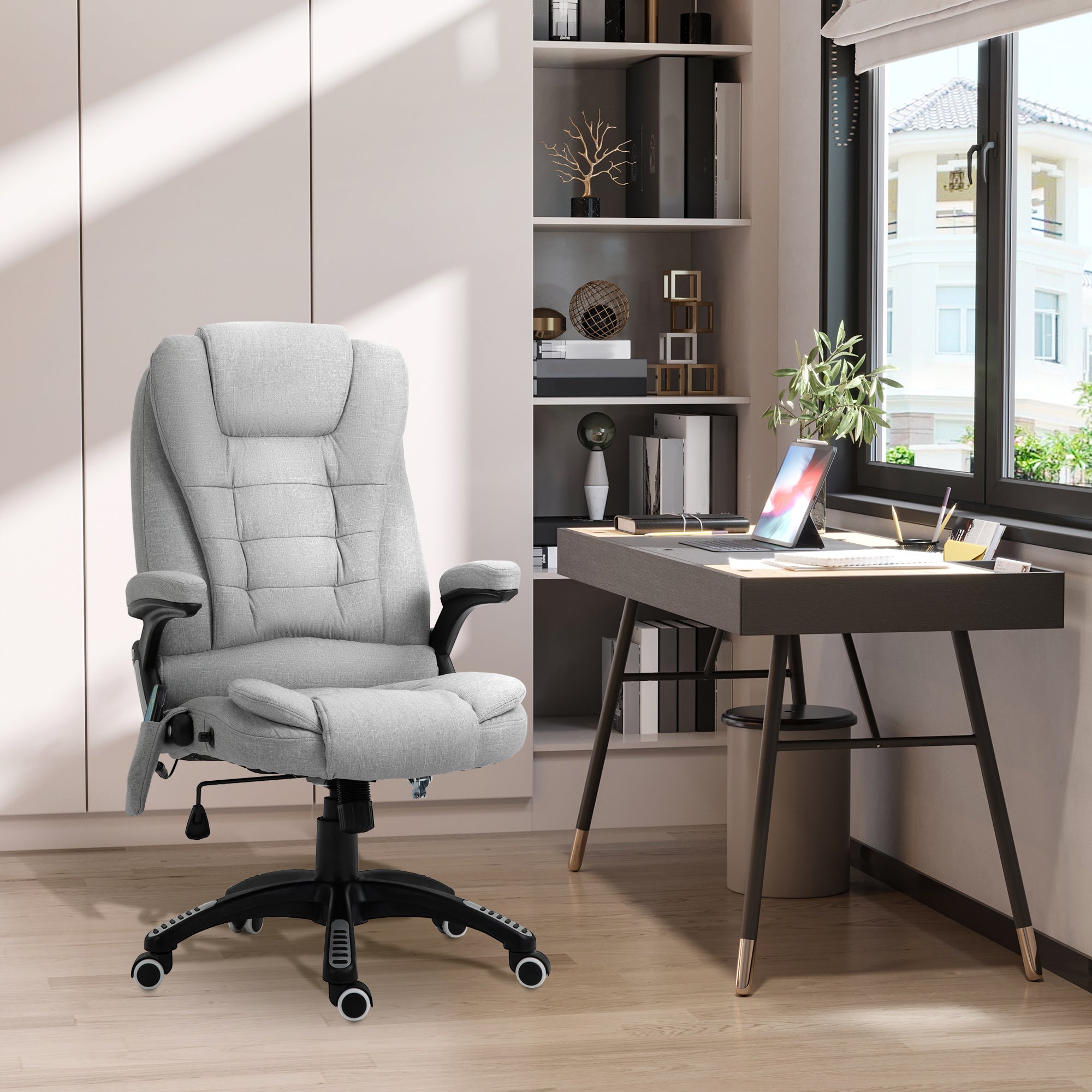 Vinsetto Office Chair, Ergonomic Desk Chair with 6-Point Massage and Back Heated, Linen-Feel Fabric Computer Gaming Chair with Arms, Lumbar Support, Light Grey - anydaydirect
