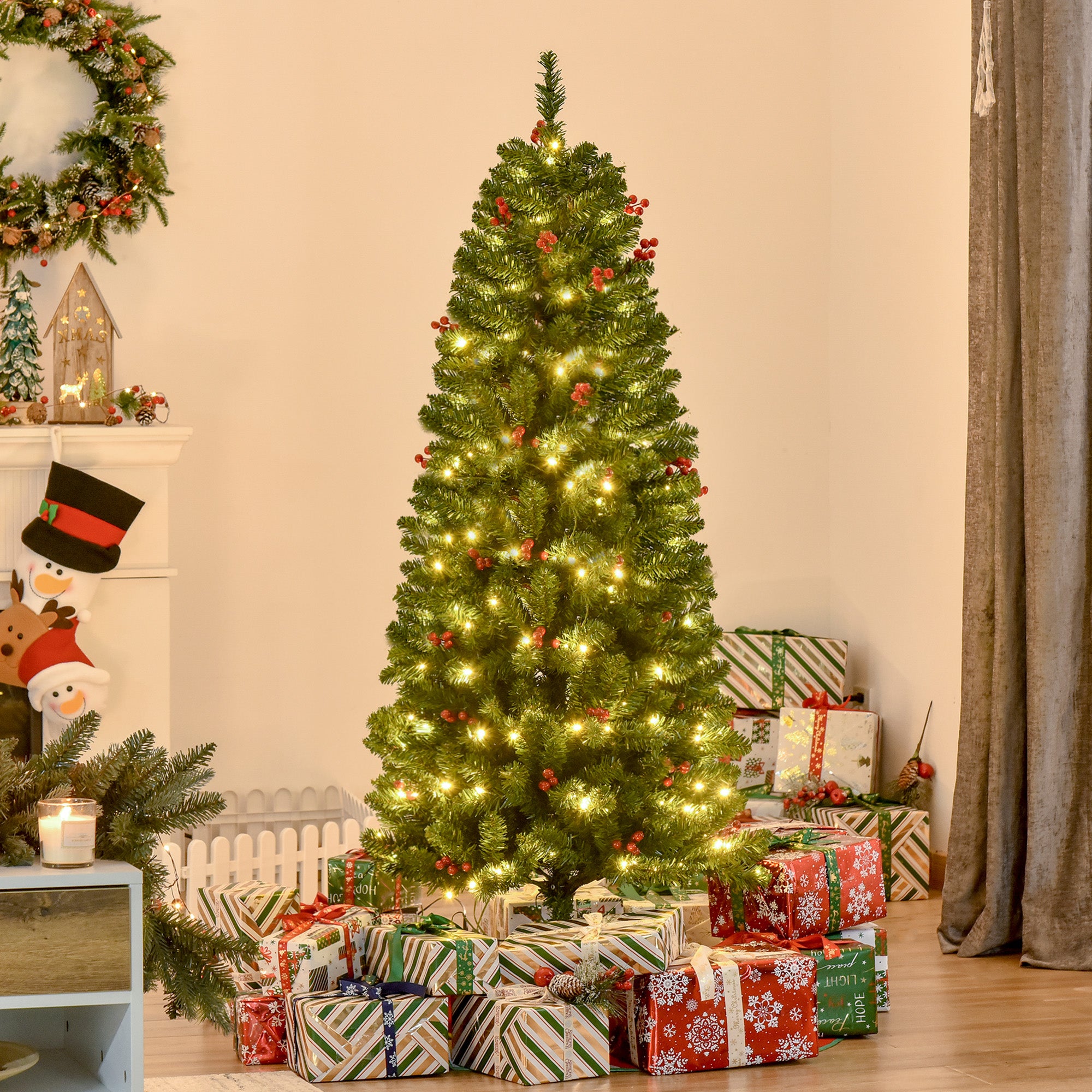 HOMCOM 5FT Prelit Artificial Pencil Christmas Tree with Warm White LED Light, Red Berry, Holiday Home Xmas Decoration, Green - anydaydirect
