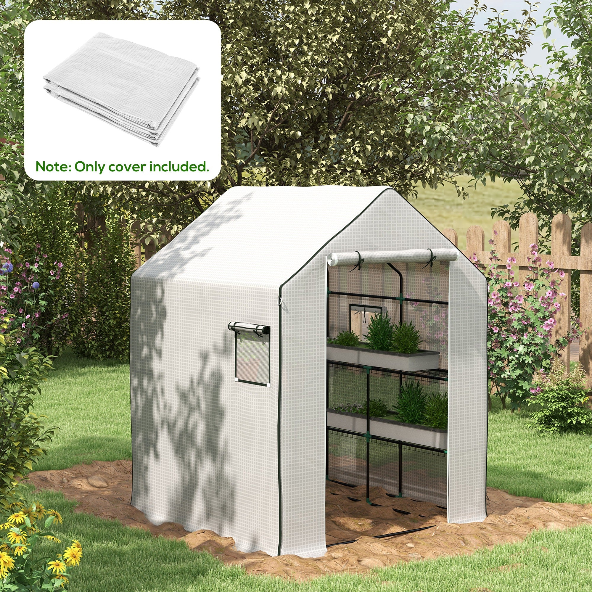 Outsunny Greenhouse Cover Replacement Walk-in PE Hot House Cover with Roll-up Door and Windows, 140 x 143 x 190cm, White - anydaydirect