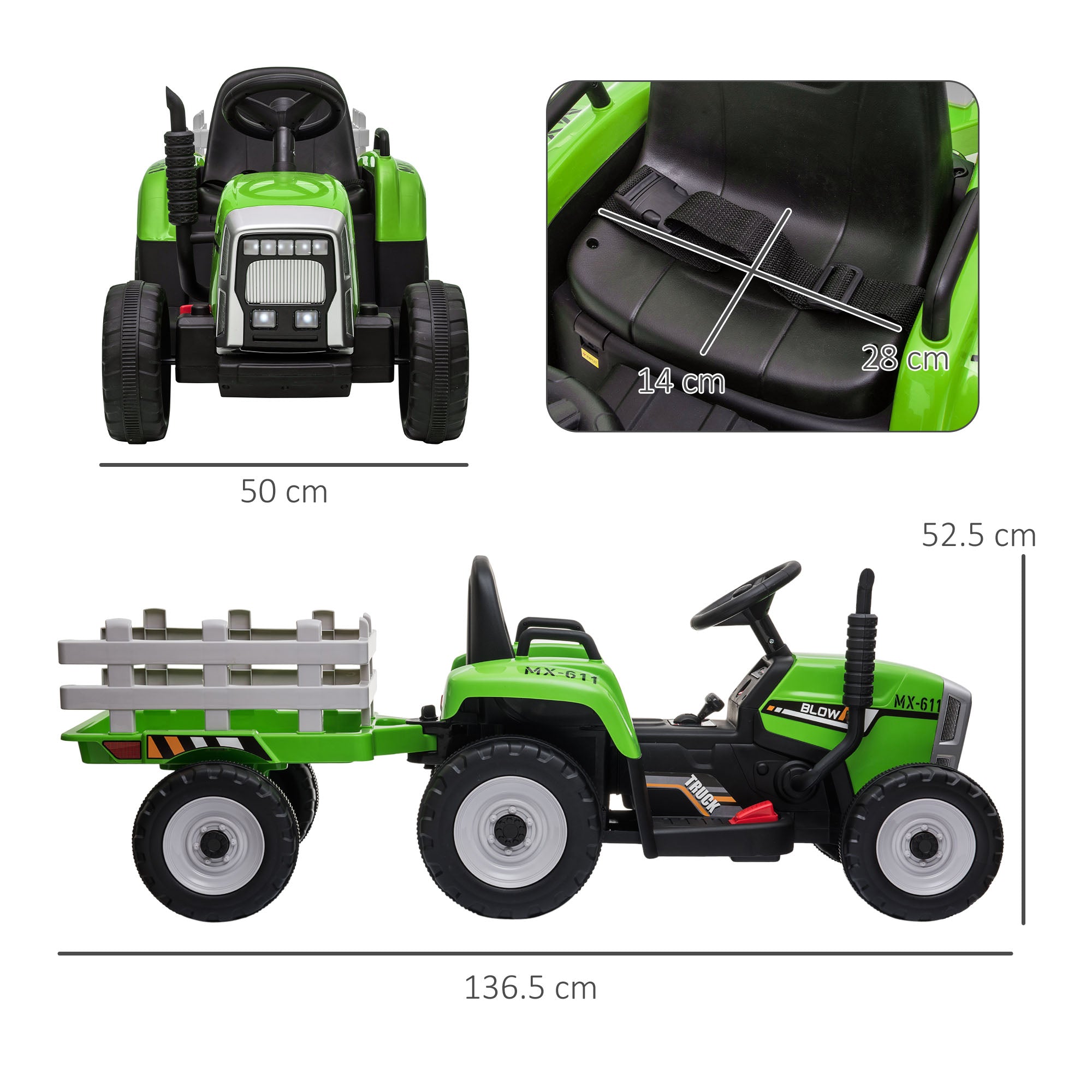 HOMCOM Electric Ride on Tractor w/ Detachable Trailer, 12V Kids Battery Powered Electric Car w/ Remote Control, Music for Kids Aged 3-6, Green - anydaydirect