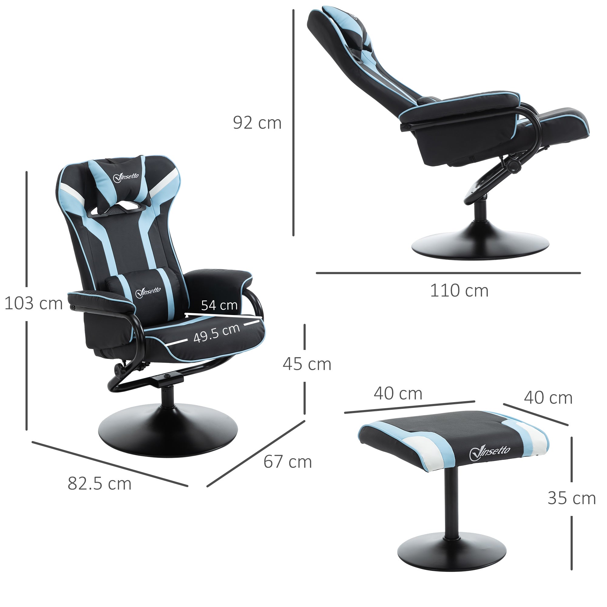 Vinsetto Reclining Chair and Stool Set, Recliner Chair with Headrest, Gaming Chair with Lumbar Support, Pedestal Base for Home Office, Lake Blue - anydaydirect