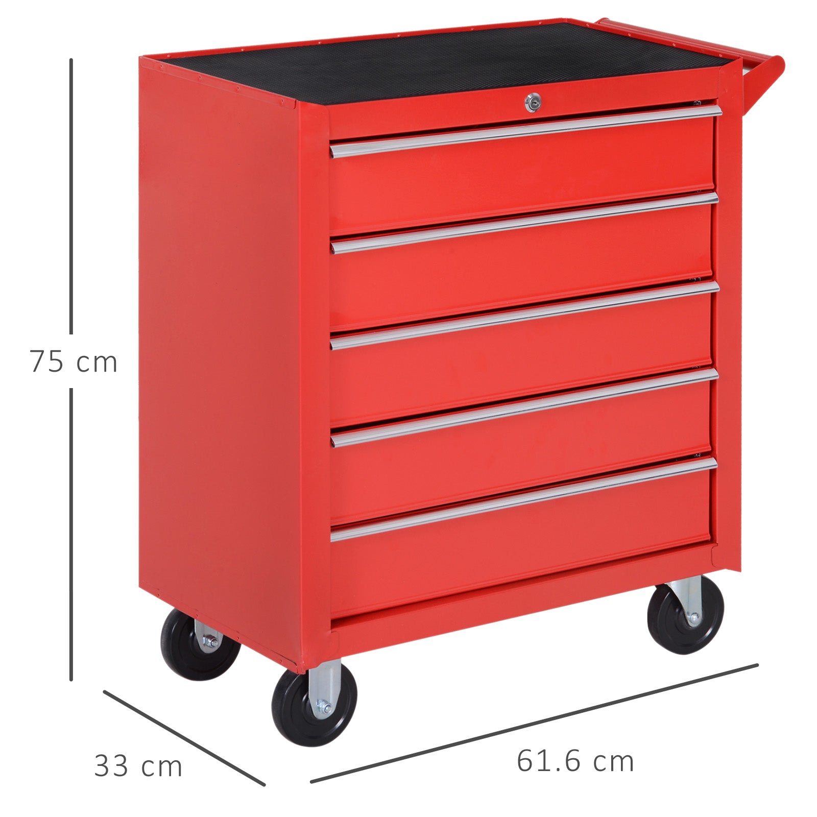 DURHAND 5-Drawer Lockable Tool Storage Cabinet with Wheels, Handle, 2 Keys, Steel Home Work DIY Workshop Chest, Garage Equipment Trolley, Red - anydaydirect