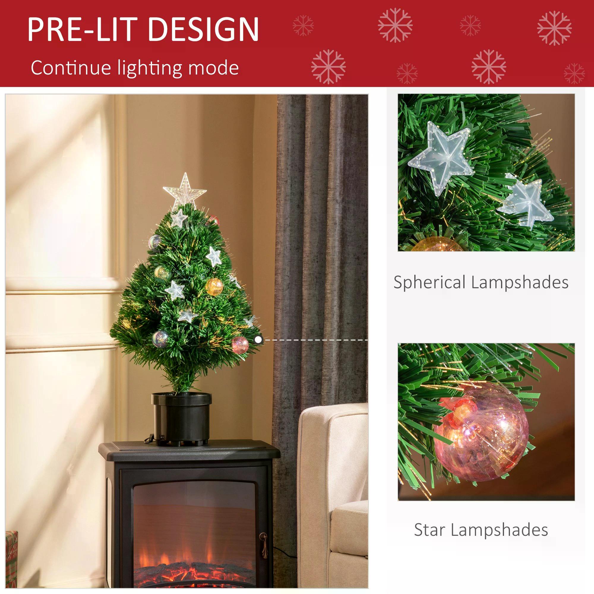 HOMCOM 2FT Pre-lit Artificial Christmas Tree Tabletop Multicoloured Fibre Optic Xmas Decoration w/ LED Lights Pot Table Desk - Green - anydaydirect
