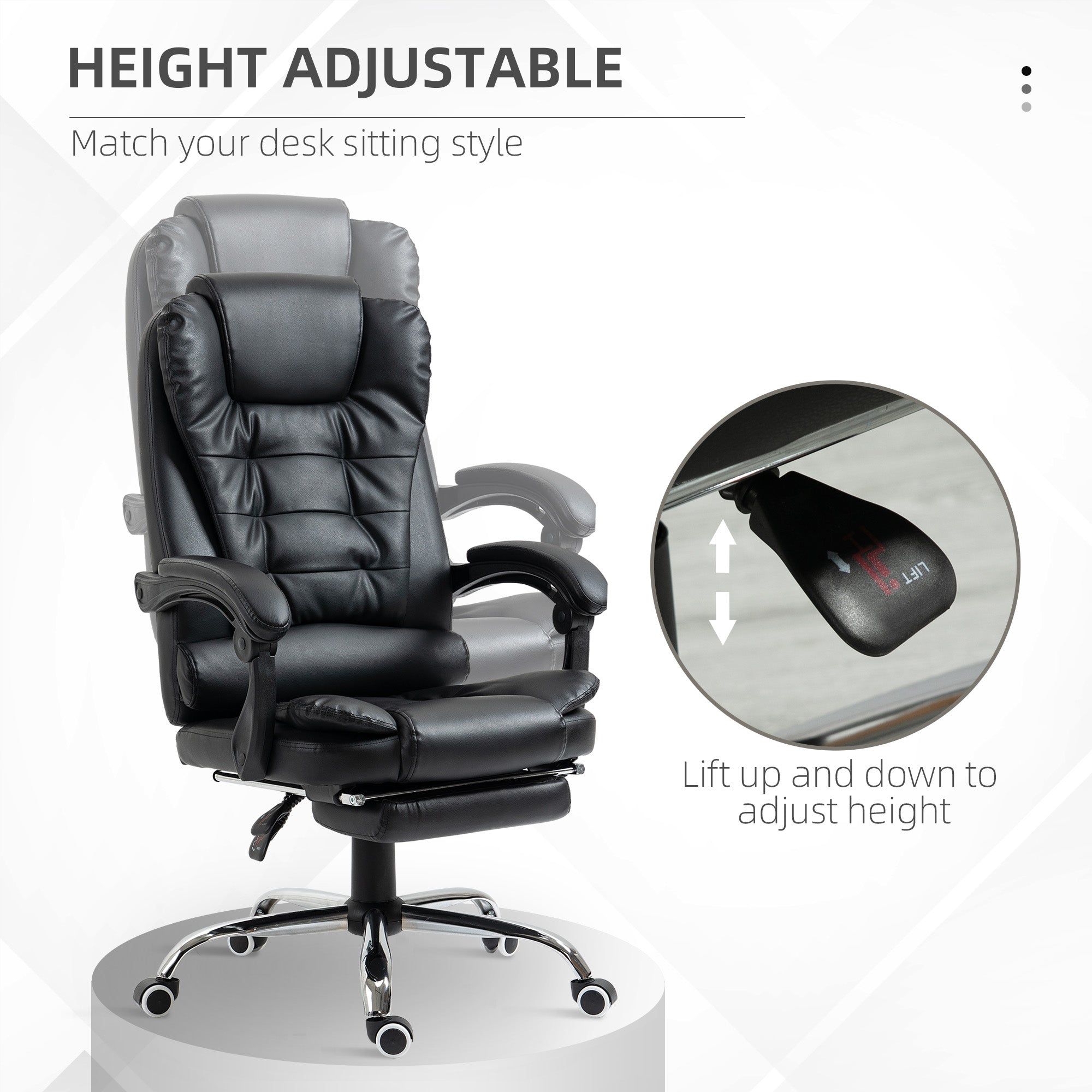 HOMCOM Executive Office Chair, PU Leather Home Office Chair with Swivel Wheels, Reclining Backrest, Retractable Footrest, Black - anydaydirect