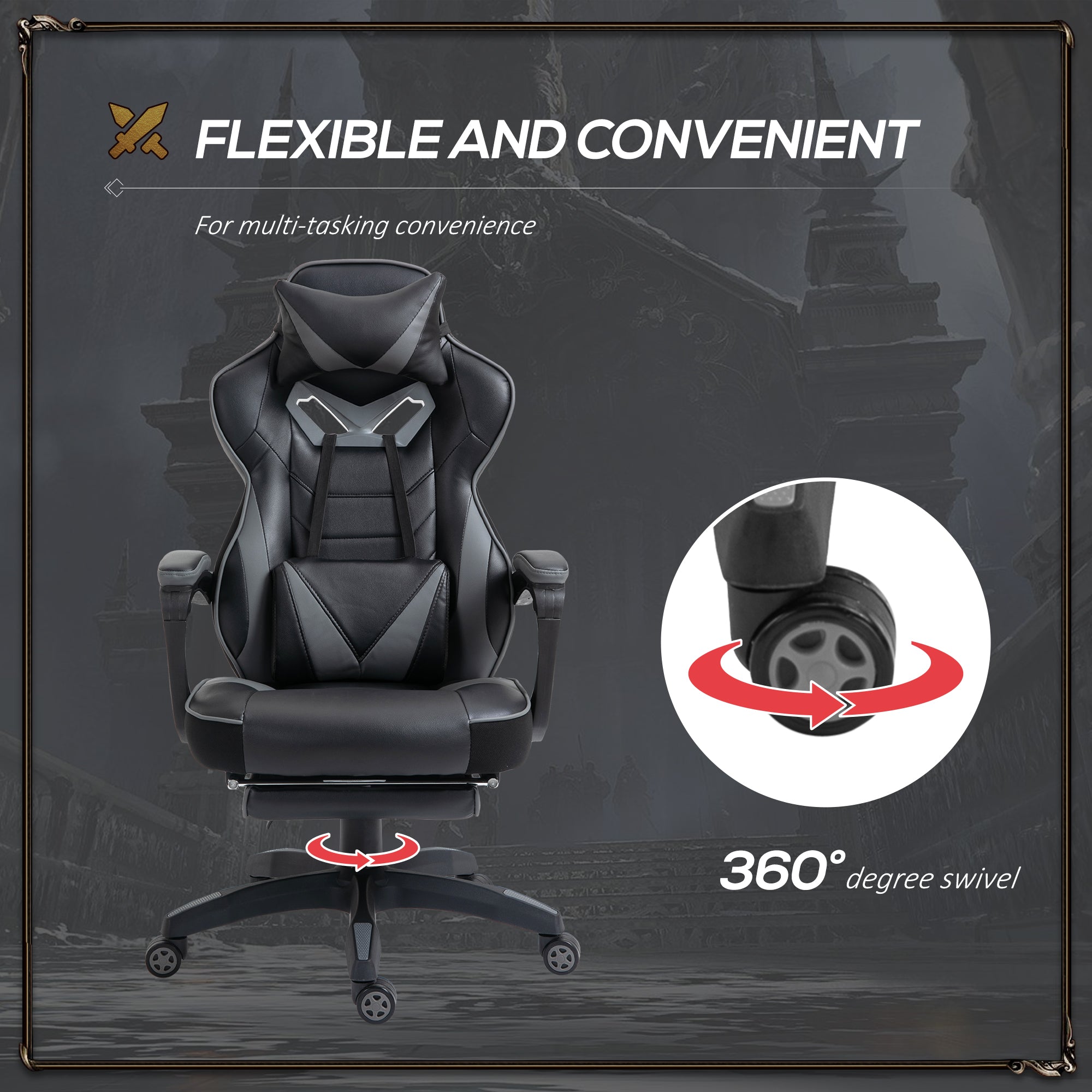 Vinsetto Computer Gaming Chair, Racing Desk Chair with Lumbar Support and Footrest, PU Leather Gamer Chair with Headrest and Swivel Wheels for Home, Grey - anydaydirect