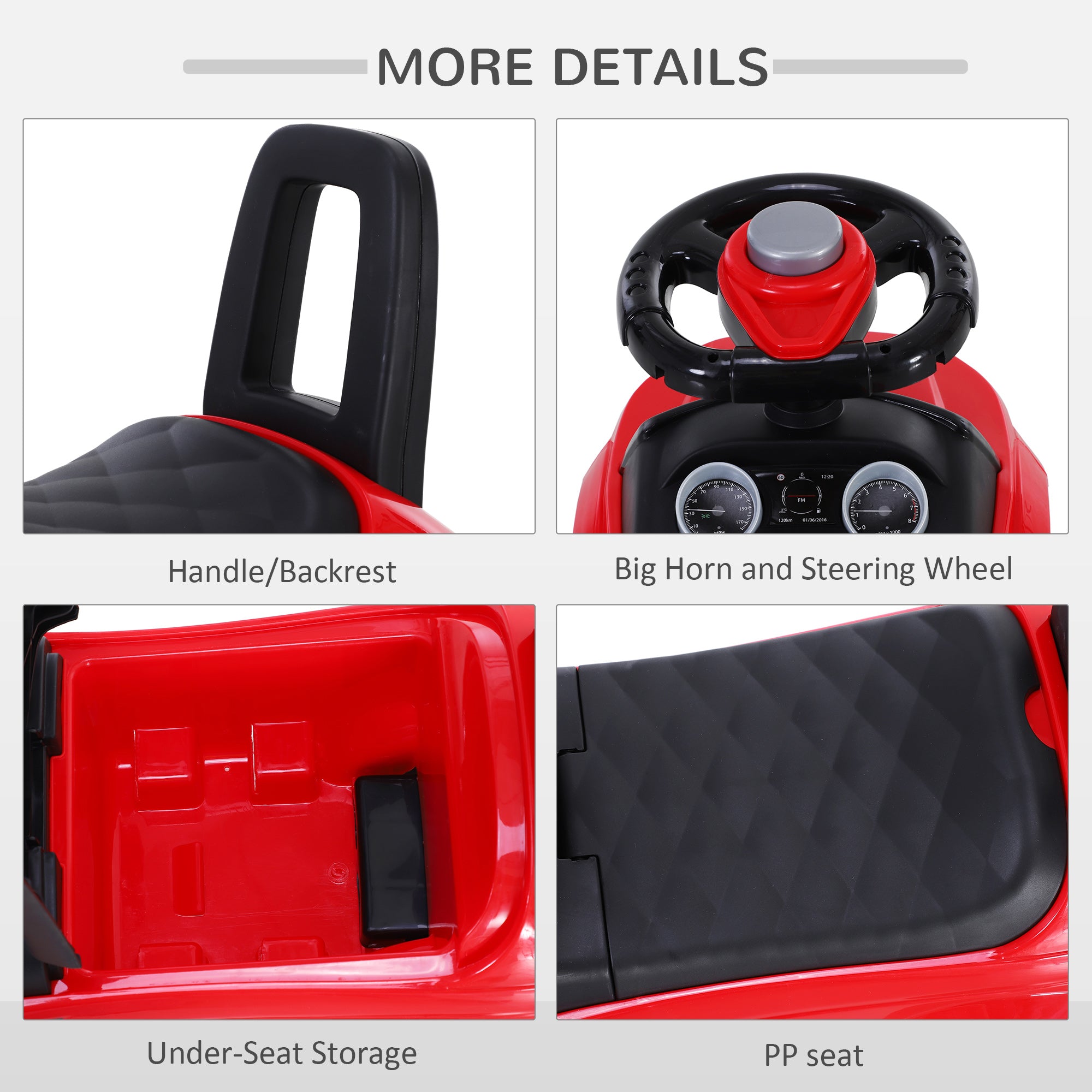 HOMCOM 3-in-1 Ride On Car Foot To Floor Slider Toddler w/ Horn Steering Wheel NO POWER Manual Under Seat Storage Safe Design Red - anydaydirect