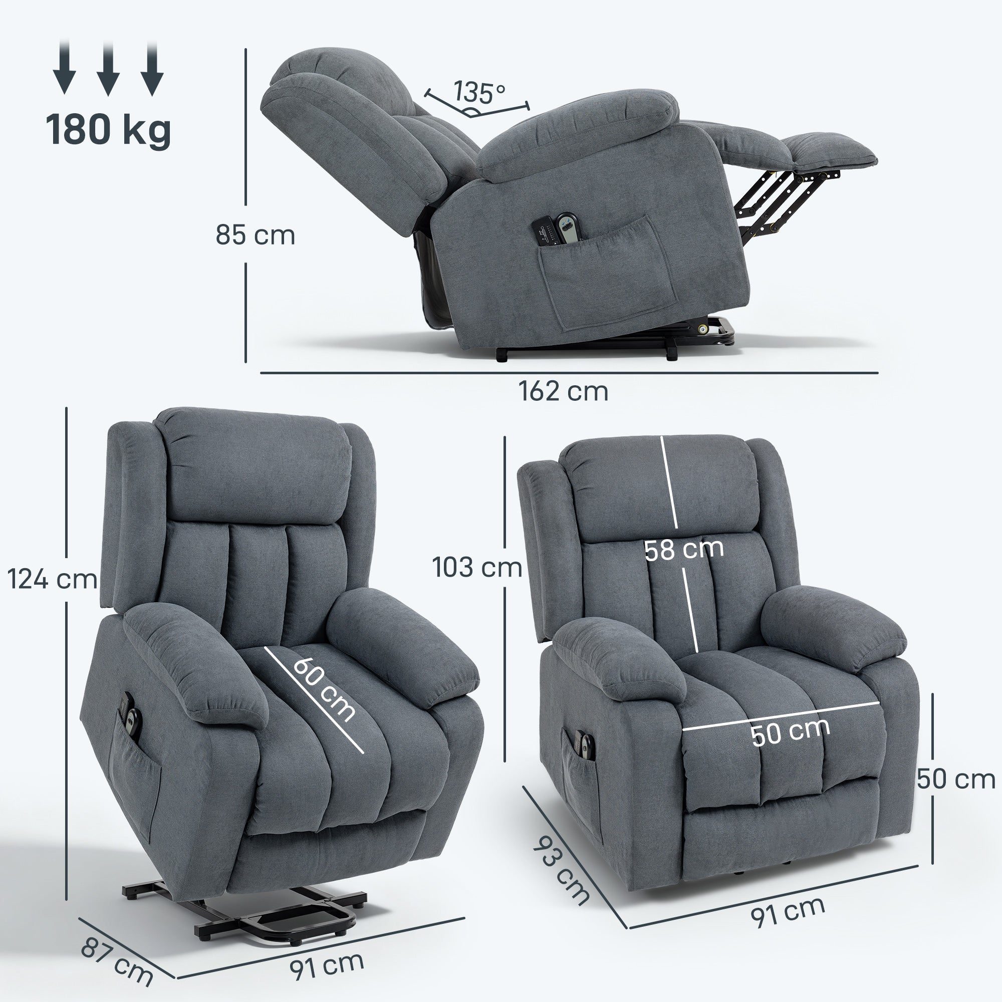 HOMCOM Power Lift Recliner Chair with Massage, Overstuffed Lift Chair for Elderly with Footrest, Remote and Side Pocket, Grey - anydaydirect