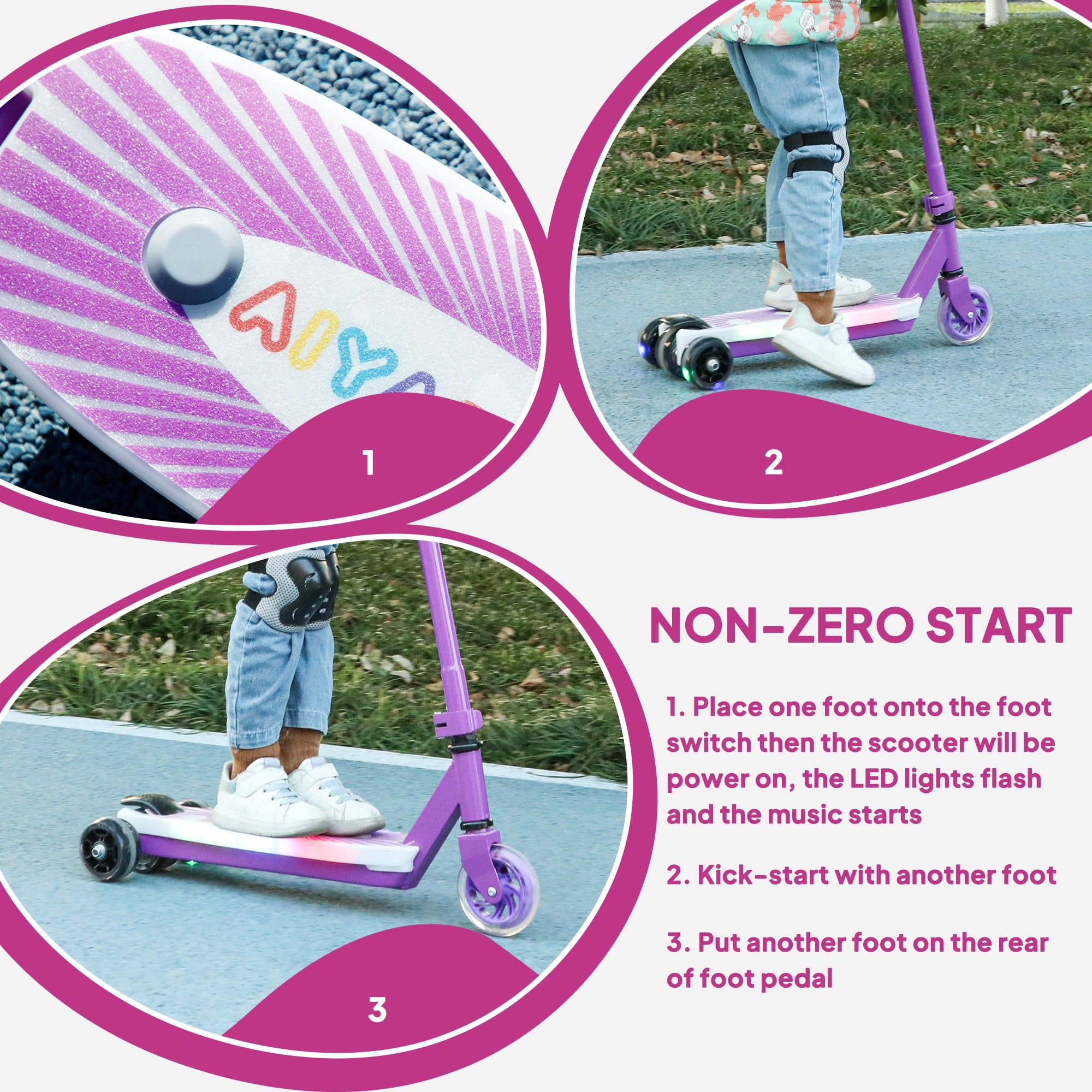 AIYAPLAY Electric Scooter for Kids Ages 4-7, with Auxiliary Rear Wheels, Flashing LED Light and Electric Brake, Kids Electric Scooter for Boys Girls, 6 KM/H & 8 KM, Purple - anydaydirect