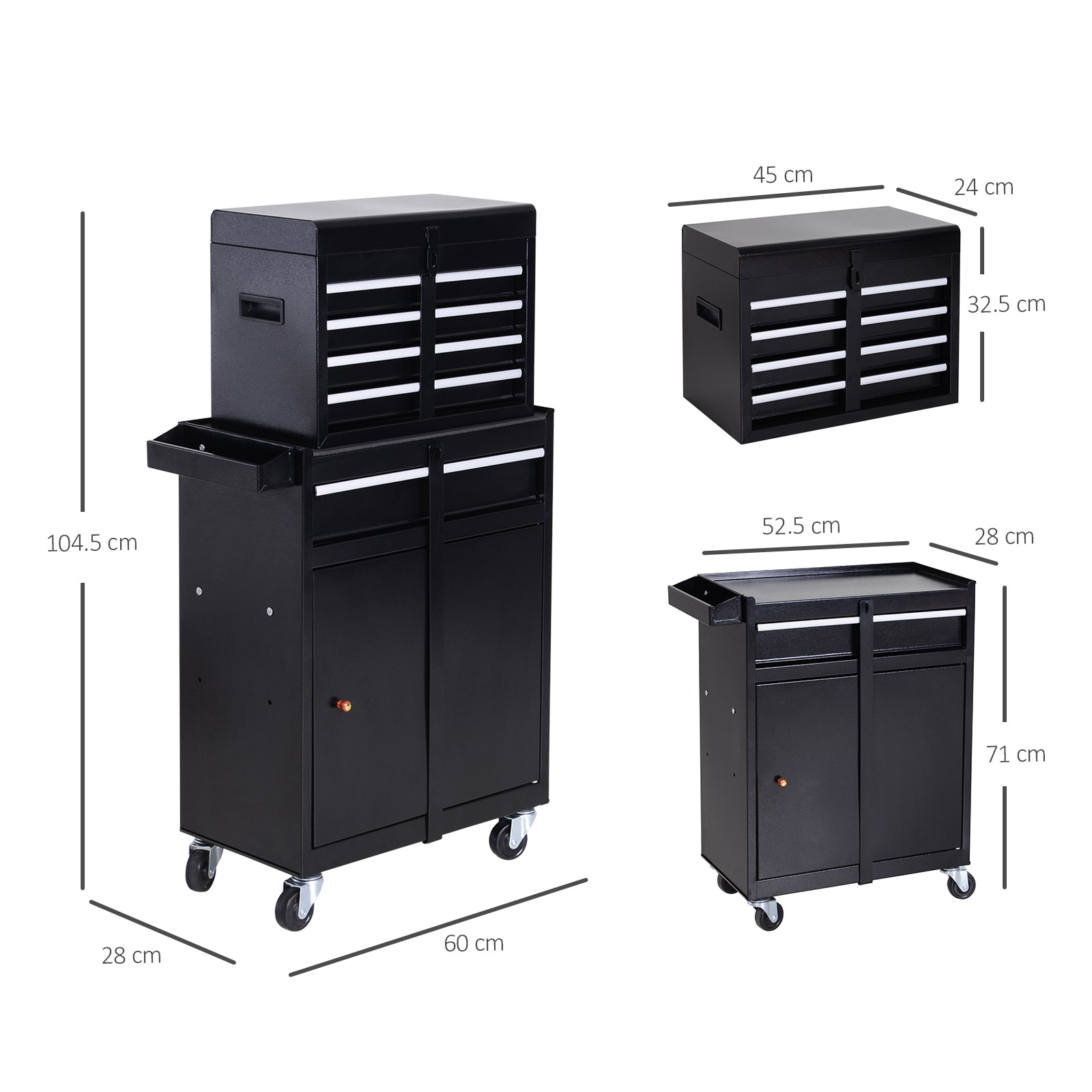 DURHAND Tool Chest 2 in 1 Metal Tool Cabinet Storage Box with 5 Drawers Pegboard Wheels 60x28x104.5cm Black - anydaydirect