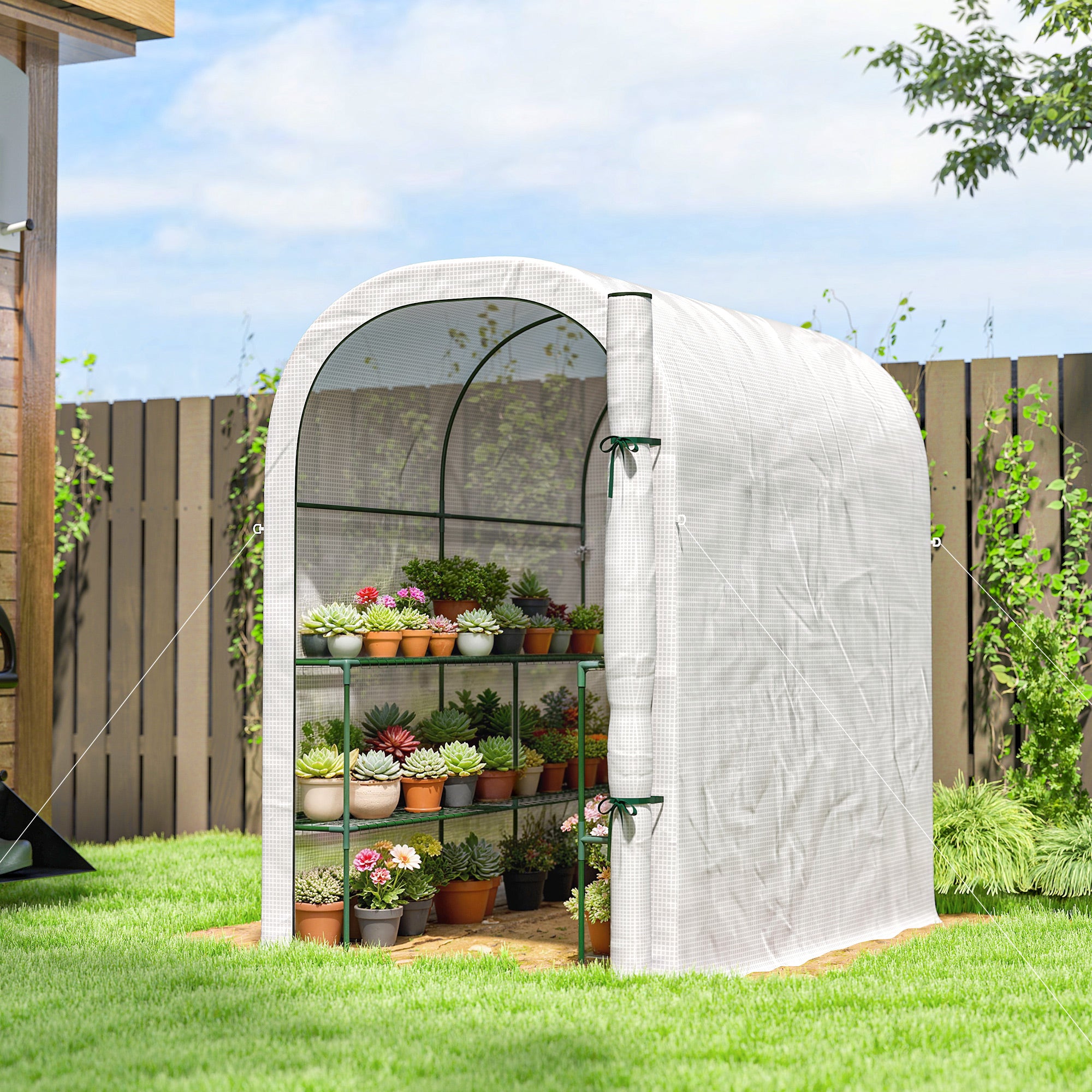 Outsunny Walk-in Greenhouse with Shelves, Small Greenhouse with PE Cover and Roll-up Door, 123 x 187 x 189 cm, White - anydaydirect
