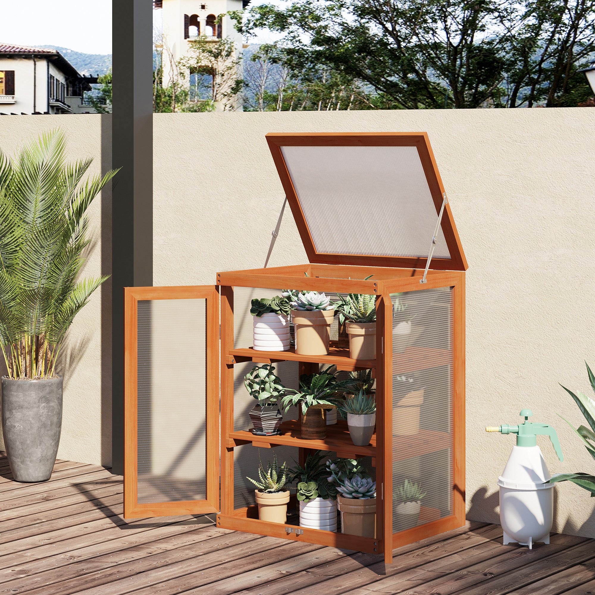 Outsunny 3-tier Wood Greenhouse Garden Polycarbonate Cold Frame Balcony Grow House w/ Storage Shelf for Plants, Flowers, Orange - anydaydirect
