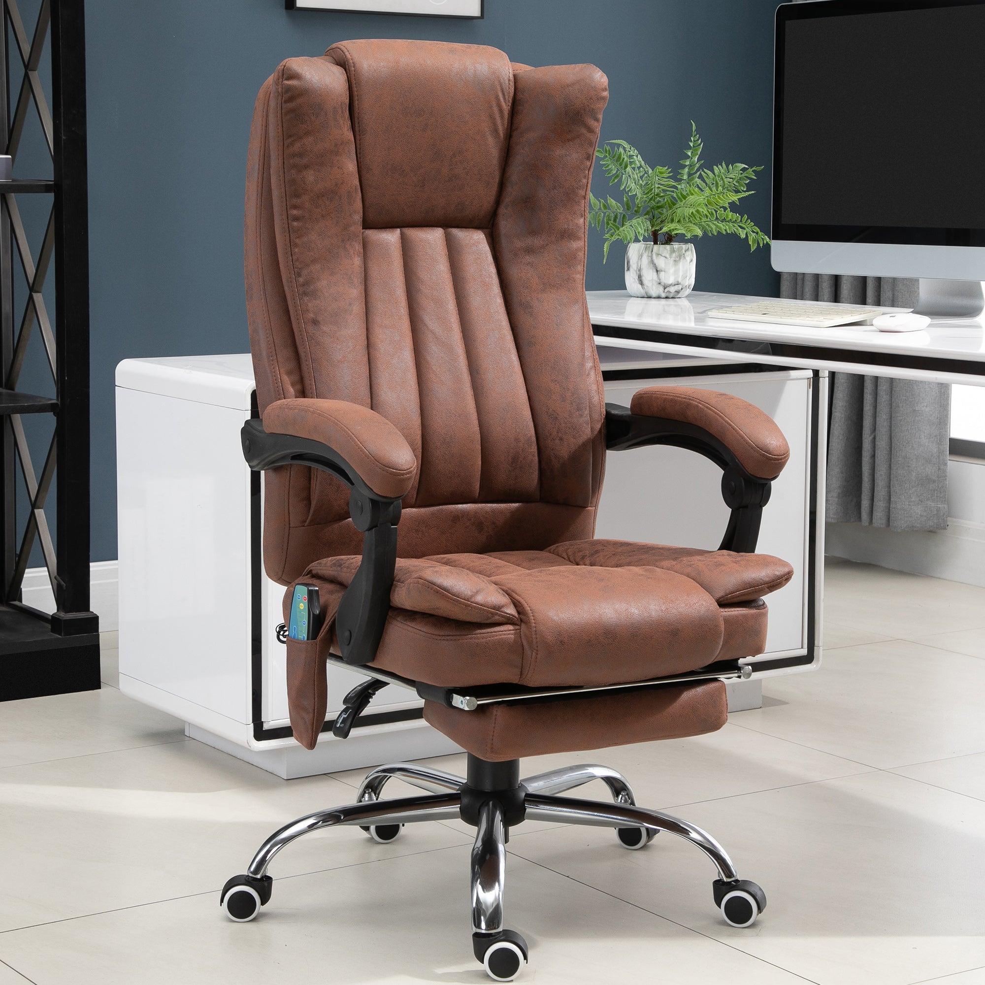 Vinsetto Office Chair with Massage and Heat, Microfibre Reclining Computer Desk Chair with Footrest and Adjustable Height, Swivel Wheels for Home Office, Brown - anydaydirect