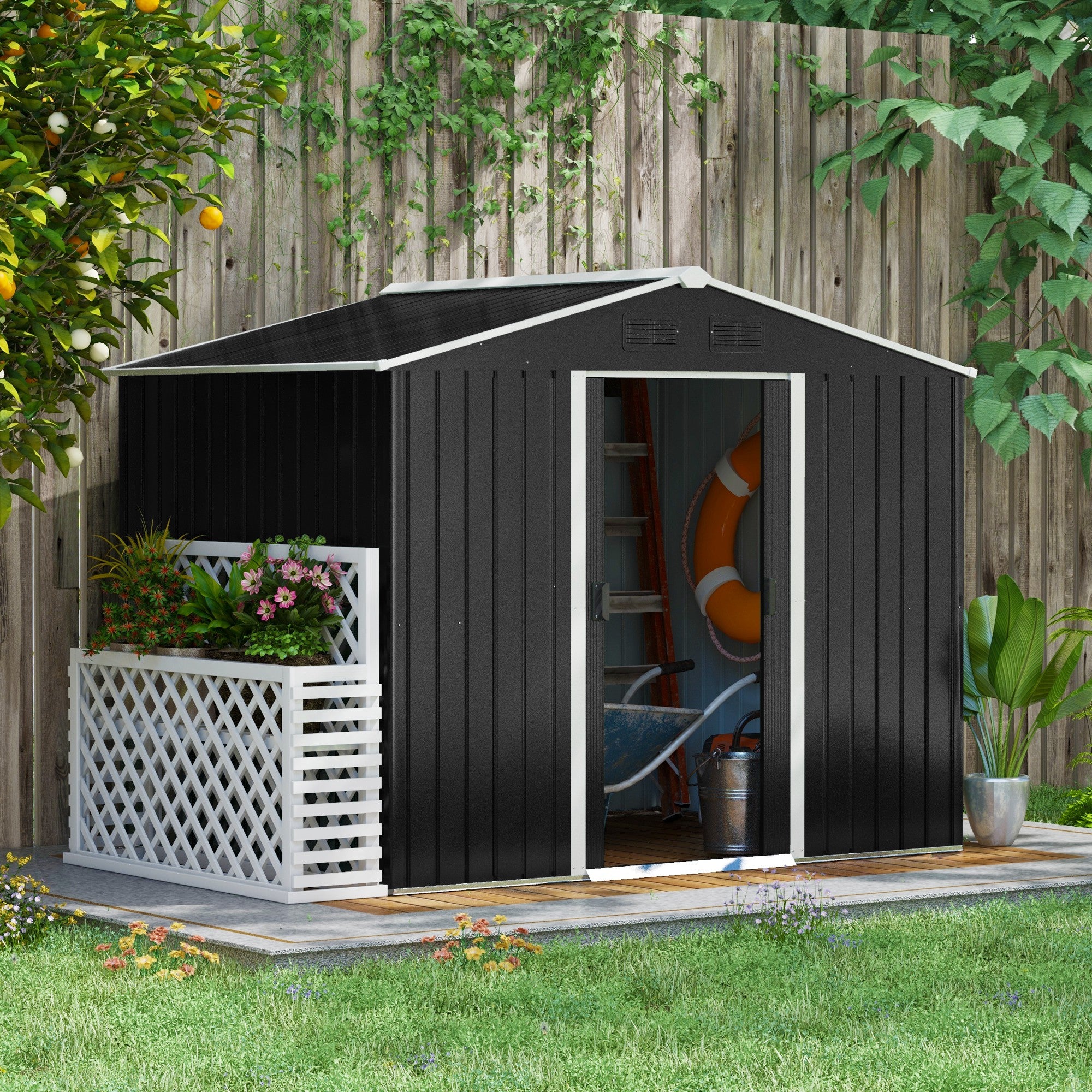 Outsunny 8 x 6ft Garden Storage Shed Double Door Ventilation Windows Sloped Roof Outdoor Equipment Tool, Grey - anydaydirect