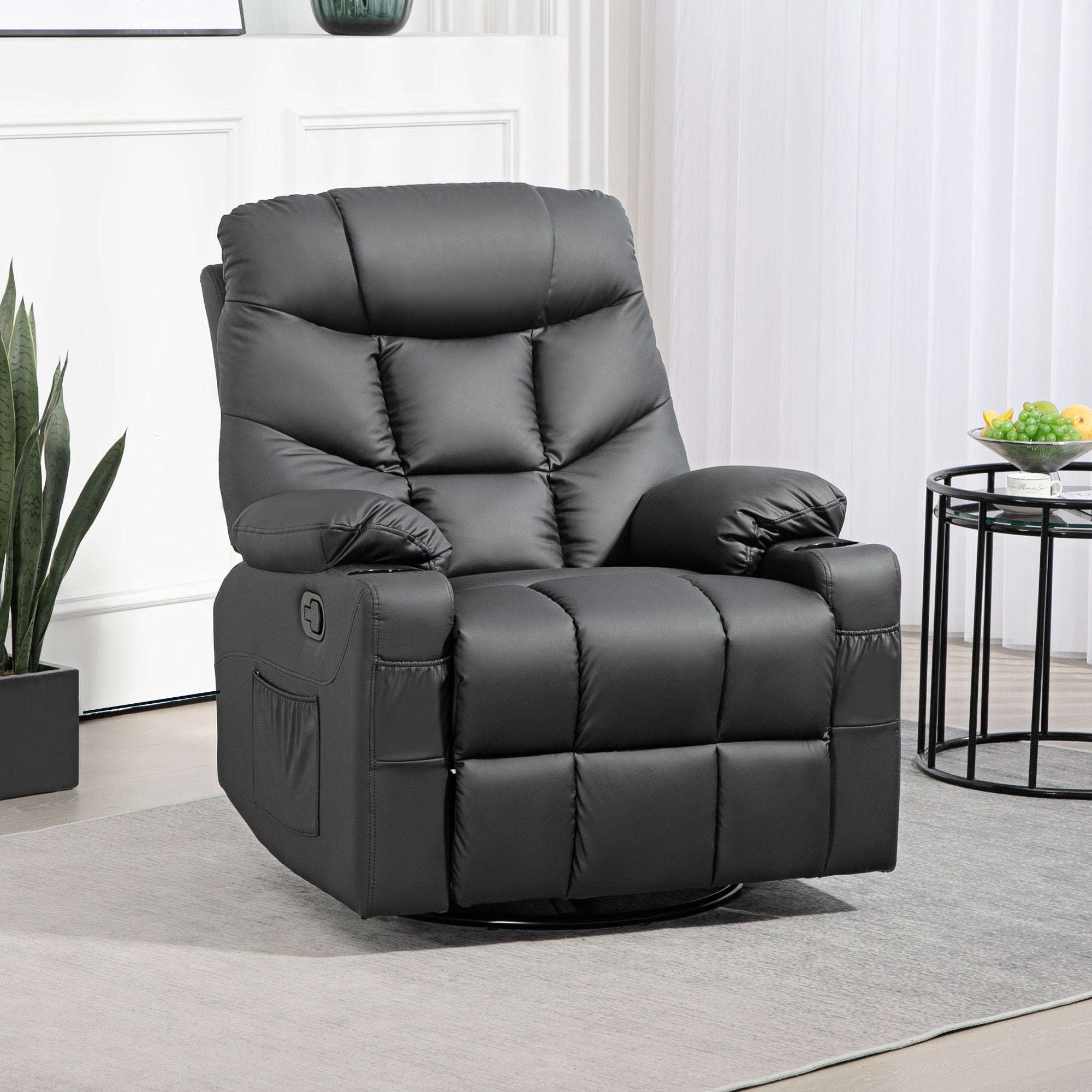 HOMCOM Manual Reclining Chair, Recliner Armchair with Swivel, Faux Leather, Footrest, Cup Holders, 86x93x102cm, Black - anydaydirect