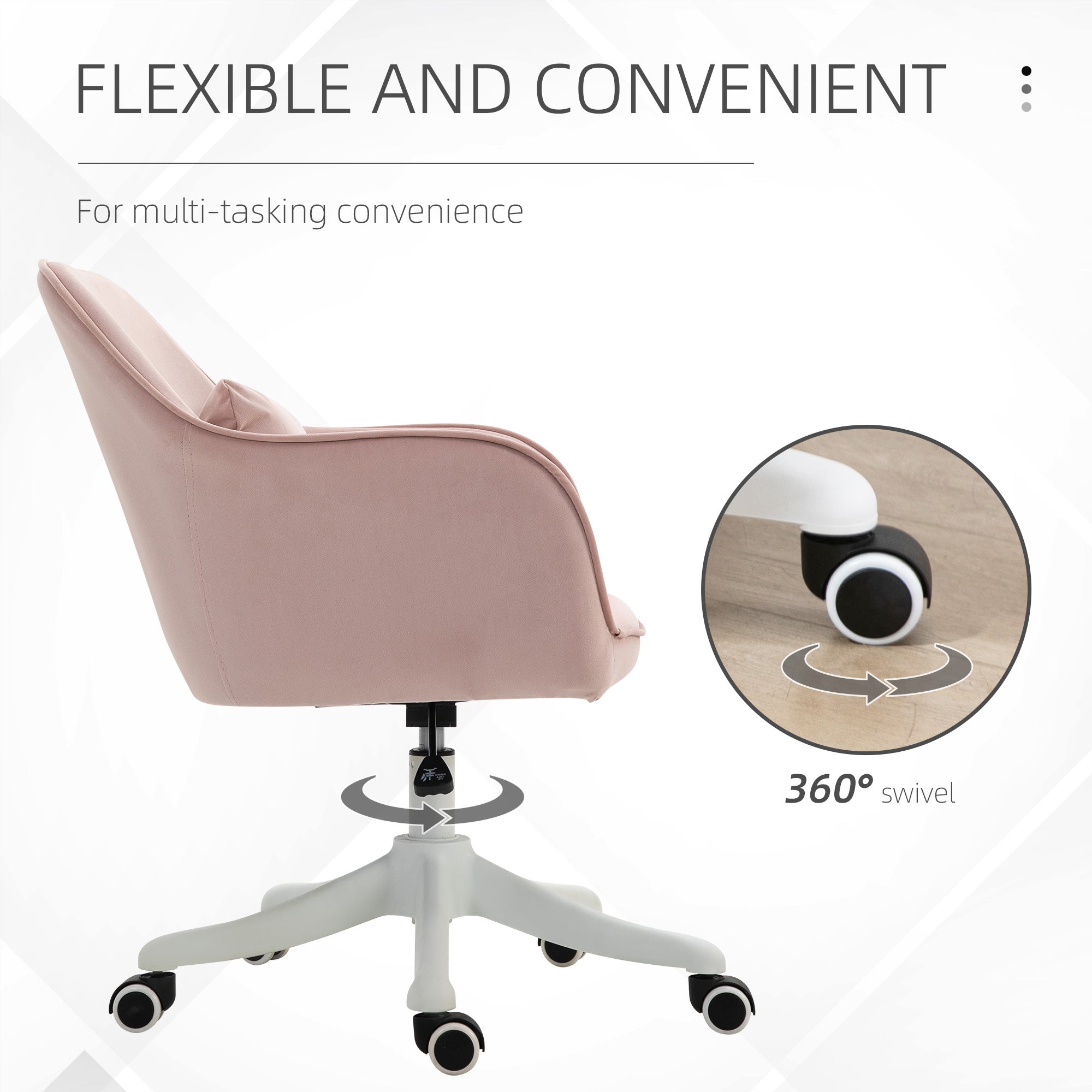 Vinsetto Velvet Office Chair, Desk Chair, Makeup Vanity Chair with Massage Lumbar Pillow and Rolling Wheels for Bedroom and Home, Pink - anydaydirect