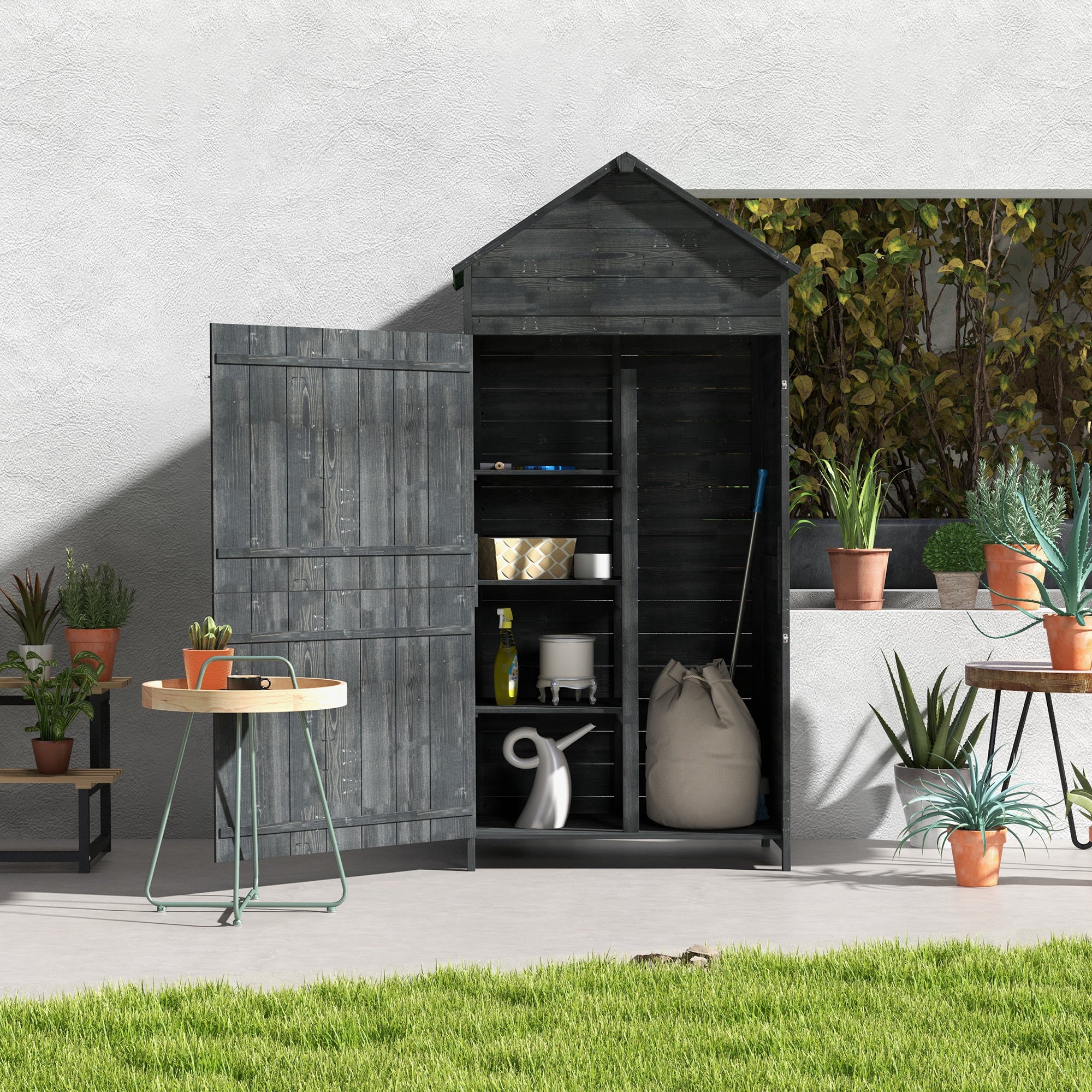 OutsunnyGarden Storage 4-Tier Wooden Garden Outdoor Shed 3 Shelves Utility Gardener Cabinet Lockable 2 Doors - Grey - anydaydirect