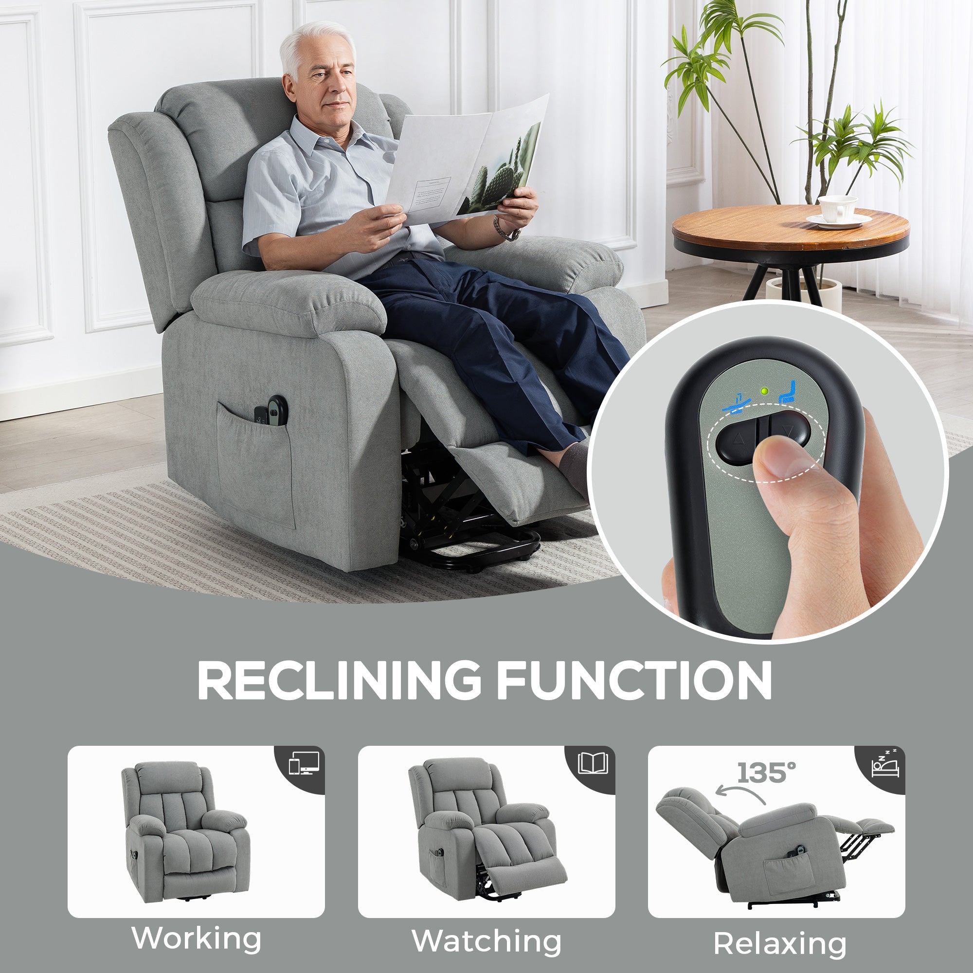 HOMCOM Eight-Point Massage Electric Lift Chair - Light Grey - anydaydirect