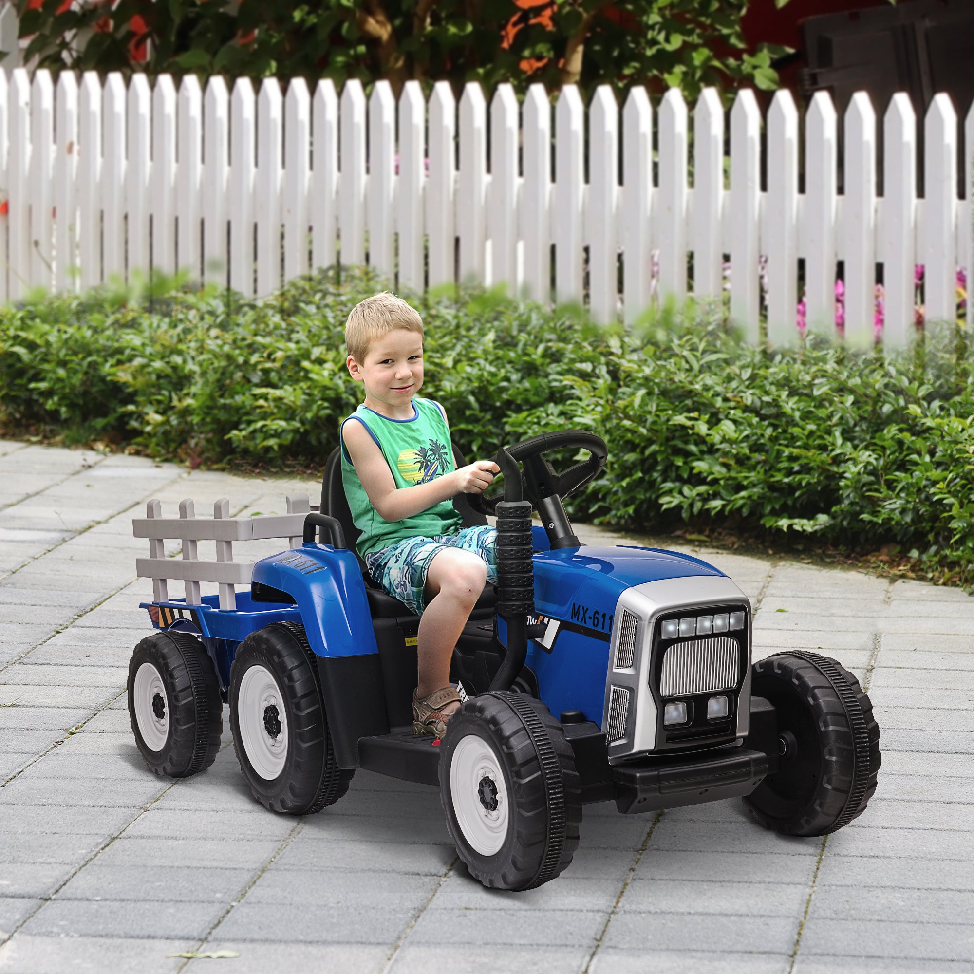 HOMCOM Electric Ride on Tractor w/ Detachable Trailer, 12V Kids Battery Powered Electric Car w/ Remote Control, Music Start up Sound, Blue - anydaydirect