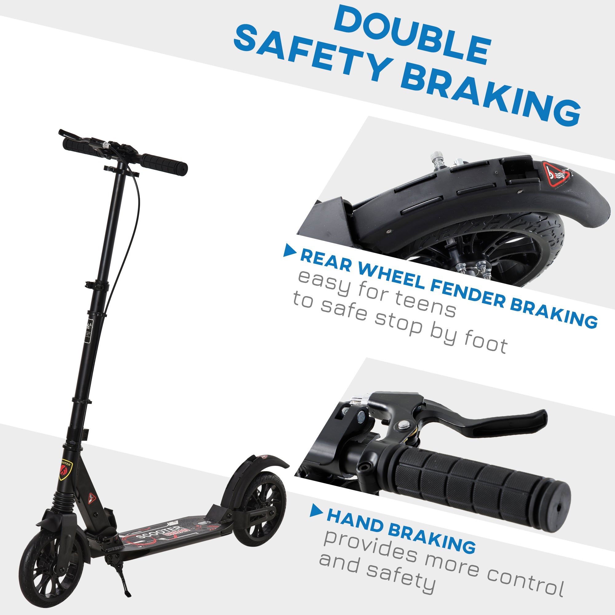 HOMCOM Adult Teens Kick Scooter Foldable Height Adjustable Aluminium Ride On Toy for 14+ w/ Rear Wheel & Hand Brake, 200mm Big Wheels, Shock Mitigation System - Black - anydaydirect