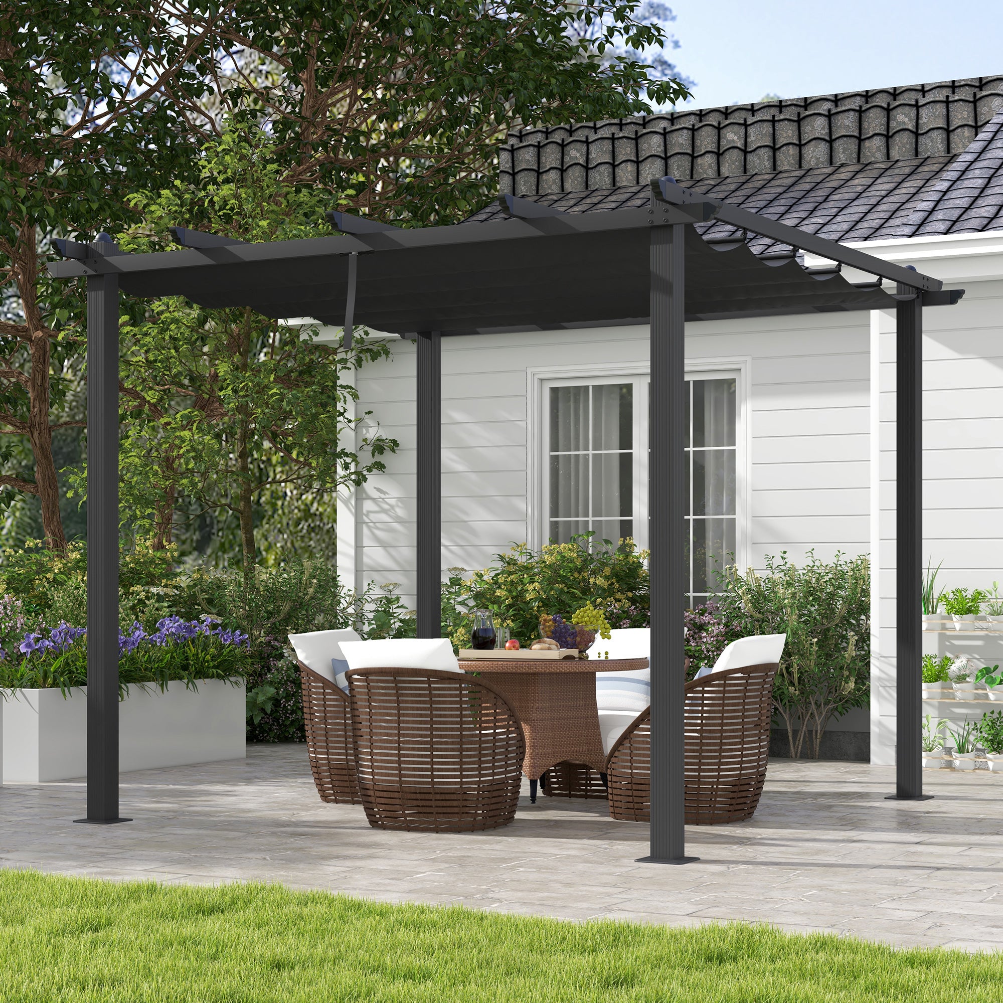 Outsunny 3 x 3m Aluminium Pergola, with Retractable Roof - Dark Grey - anydaydirect