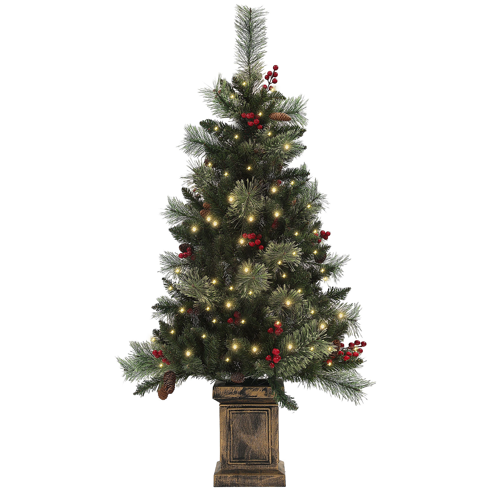 HOMCOM 1.2m/4ft Artificial Christmas Tree with 100 Warm White LED Lights and 8 Modes, Small Xmas Tree with Red Berries, Pine Cones and Retro Base, Green - anydaydirect