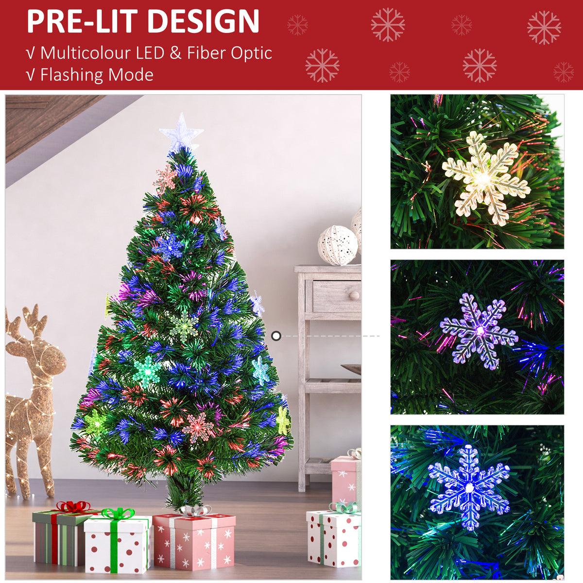HOMCOM 4ft Prelit Christmas Tree Artificial Tree 120cm W/ Showflakes Lights, Green - anydaydirect