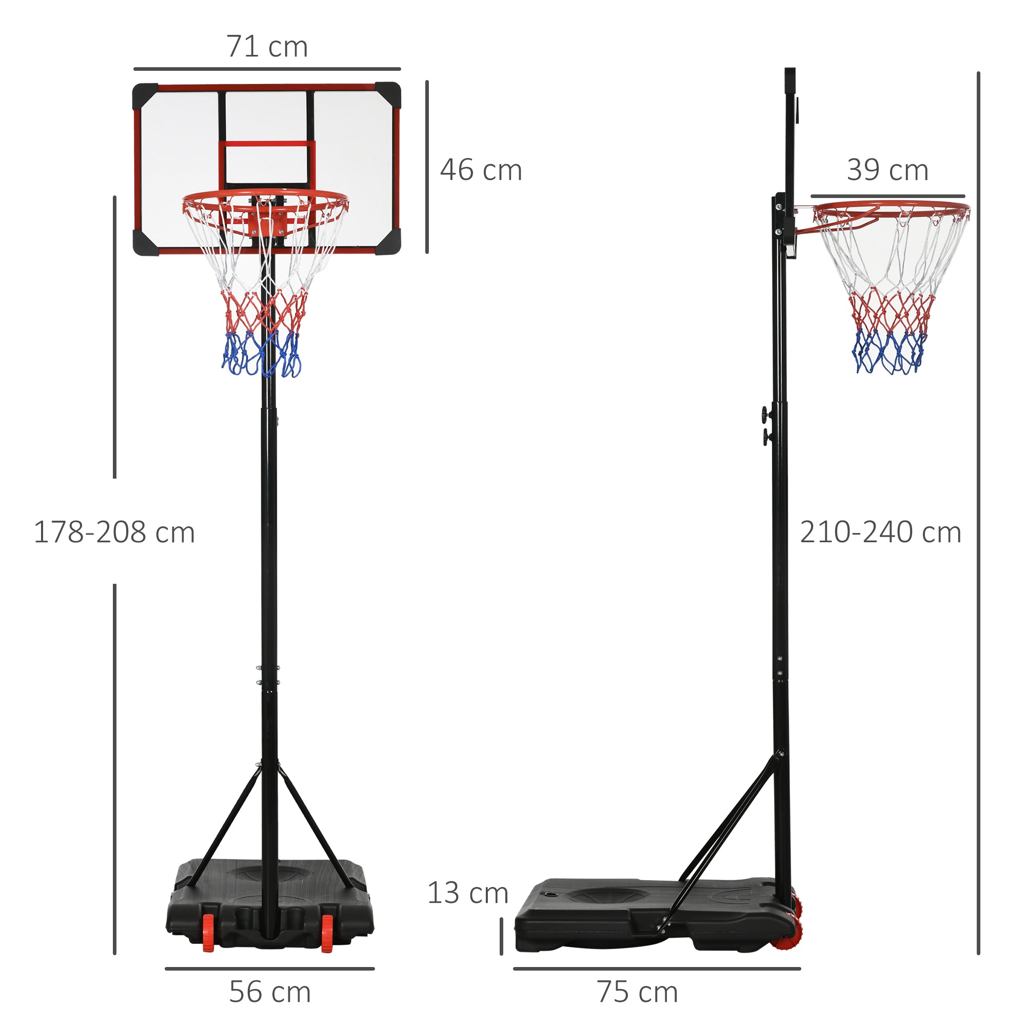 SPORTNOW Height Adjustable Basketball Hoop and Stand with Firm Backboard and Weighted Base, Portable on Wheels, Red - anydaydirect